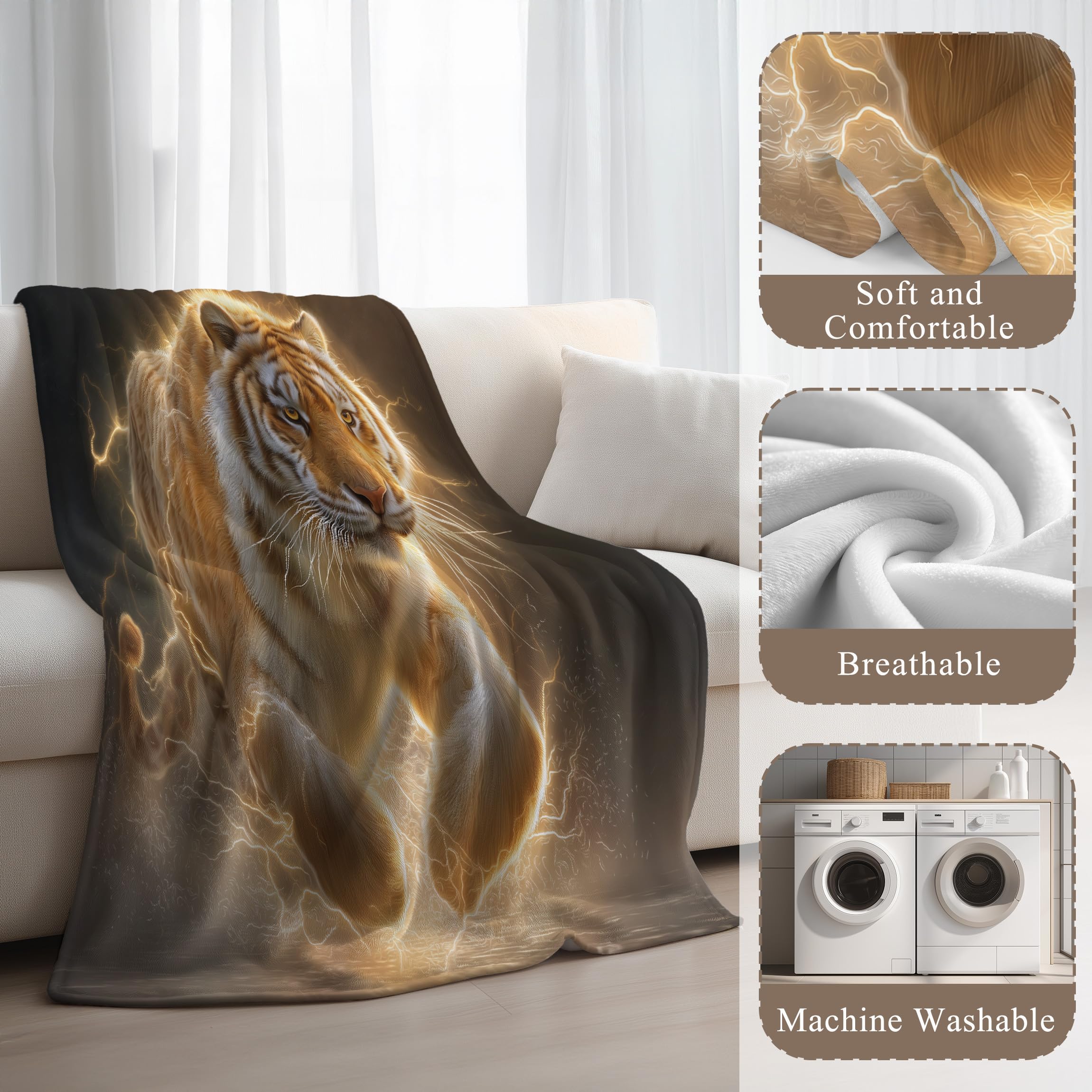 Generico Coperta Pile di Alta Qualità Matrimoniale 220 x 270 cm, Caldo Super Morbida Coperte a Tema Animale, Oro Tigre Luce Elettrica Selvaggio Copriletto per Adolescenti Ragazzi Ragazze e Adulti