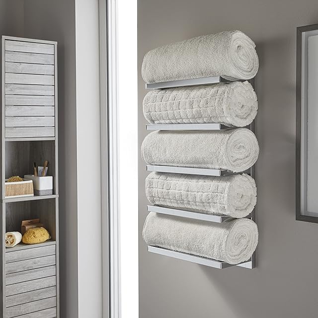 House & Homestyle Holder, Wall Mountable 5 Tier Hanging Towel Storage Rail/Rack for Bathroom, En Suite or Toilet, Chrome Silver, H 57cm x W 31cm x D 15cm
