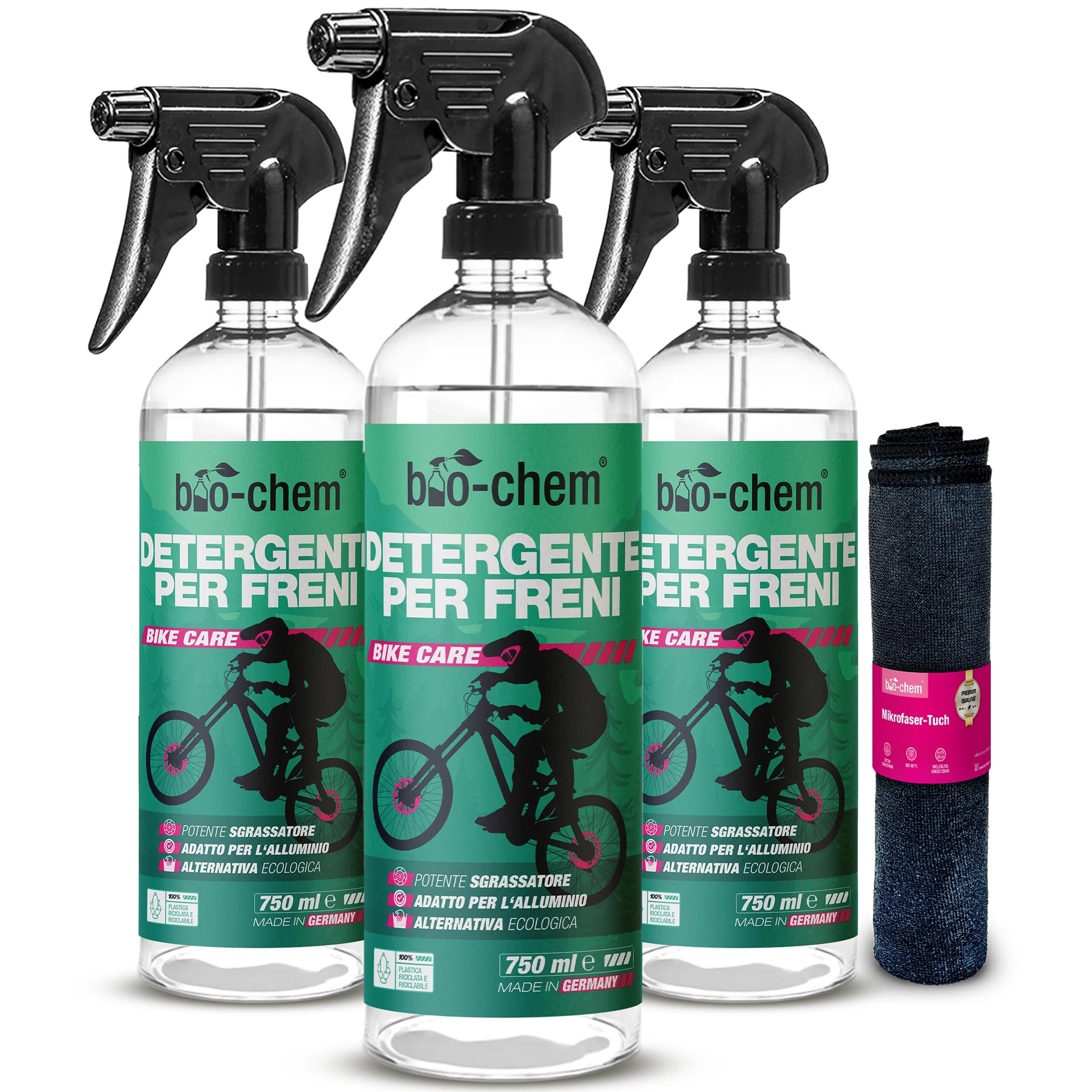 bio-chem - Detergente per freni 3 x 750ml + panno in microfibra - Manutenzione di biciclette, MTB, e-bike, moto, auto - Detergente e sgrassante per impianti frenanti bici da strada, elettriche