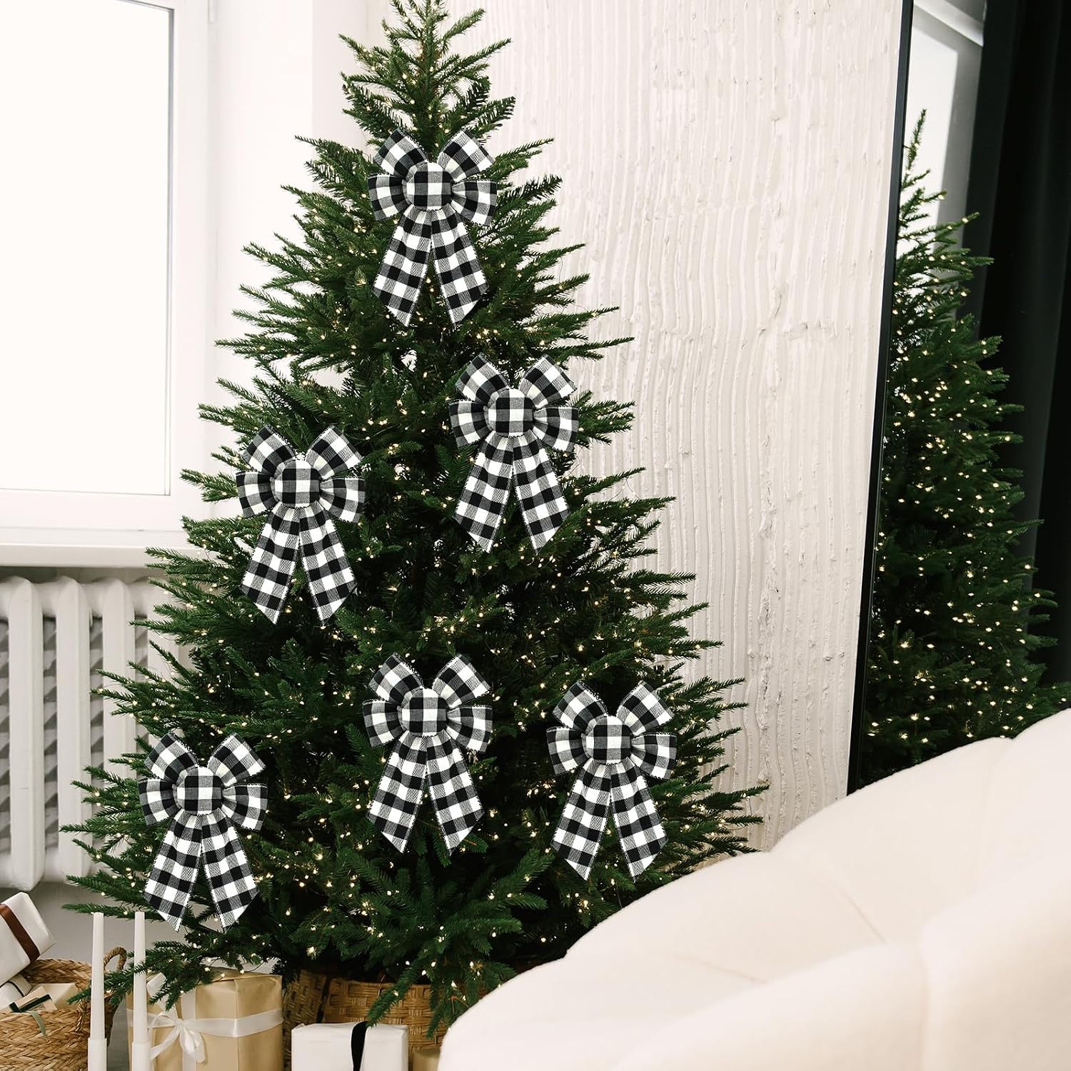 4PCS Black White Buffalo Plaid Wreath Bows, Farm Burlap Bow for Wreath Christmas Rustic Crafts Decorative Hanging Ornament Bow for Xmas Indoor Outdoor Wedding Holiday Birthday Party Decor