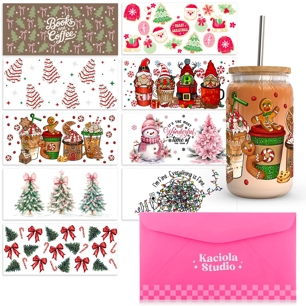 Kaciola 9 Sheets UV DTF Cup Wraps for 16 oz- Christmas Theme UV DTF Stickers, 1 Sheet Mysterious Pattern Transfer, Rub on Transfers Stickers for 16 oz Libbey Glasses Crafting
