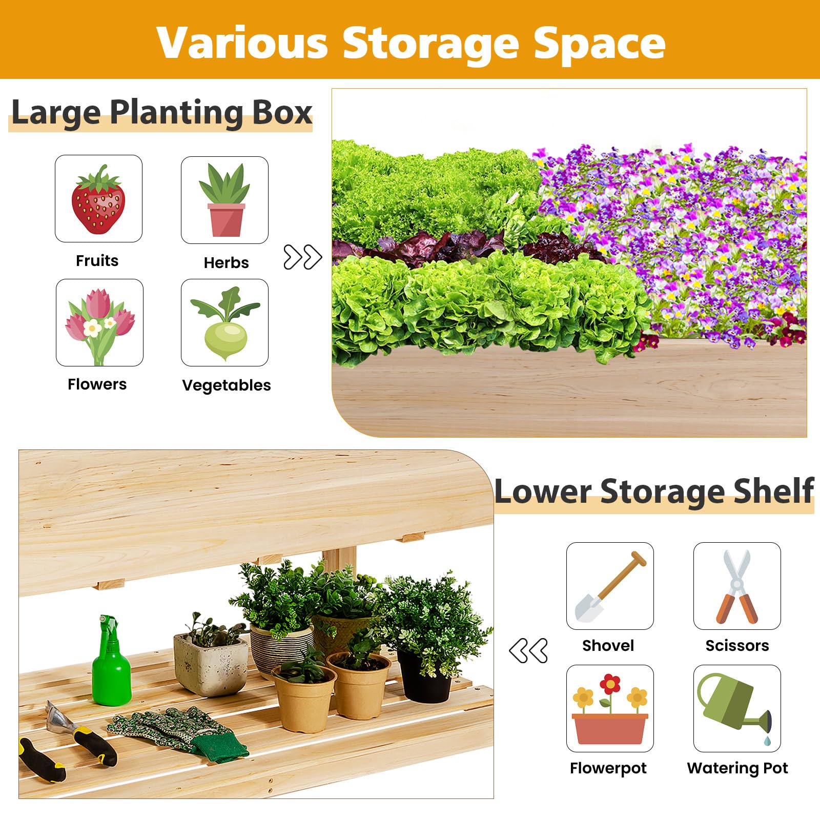HOMASIS Jardinière sur Pieds avec roulettes et Étagère, Carré Potage Surélevée en Bois avec Trou de Drainage et Non-Tissé Intérieur, pour Jardin, Balcon, Terrasse 120 X 59 X 84 Cm