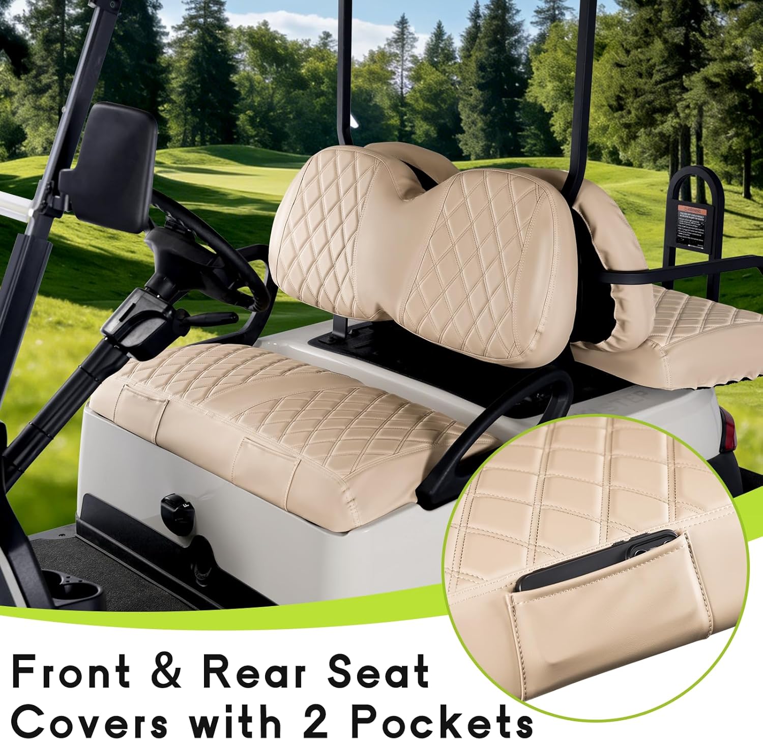 Golf Cart Seat Cover Front and Rear Set of 2 Fit for Club Car Tempo OEM Ordinary Seats No Nails Required Easy to Install & Clean Beige Vinyl Leather Seat Cushion Covers