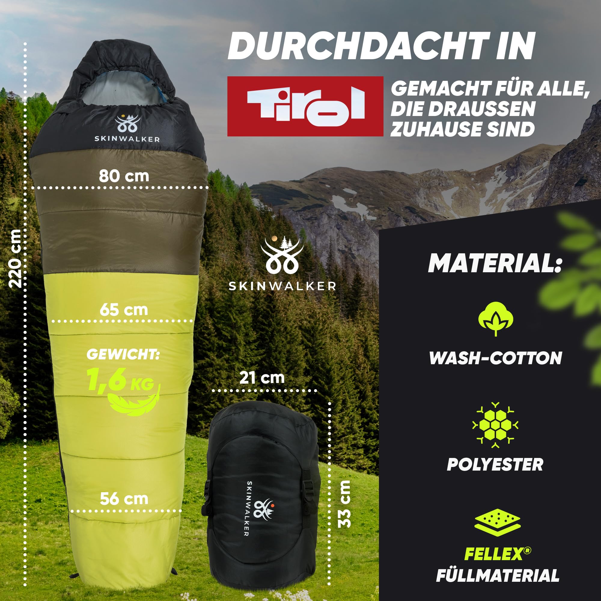 SKINWALKER Saco de dormir para 3 – 4 estaciones con [forro polar interior extraíble] para invierno y verano [tamaño pequeño del paquete] saco de dormir momia impermeable para exterior y camping saco