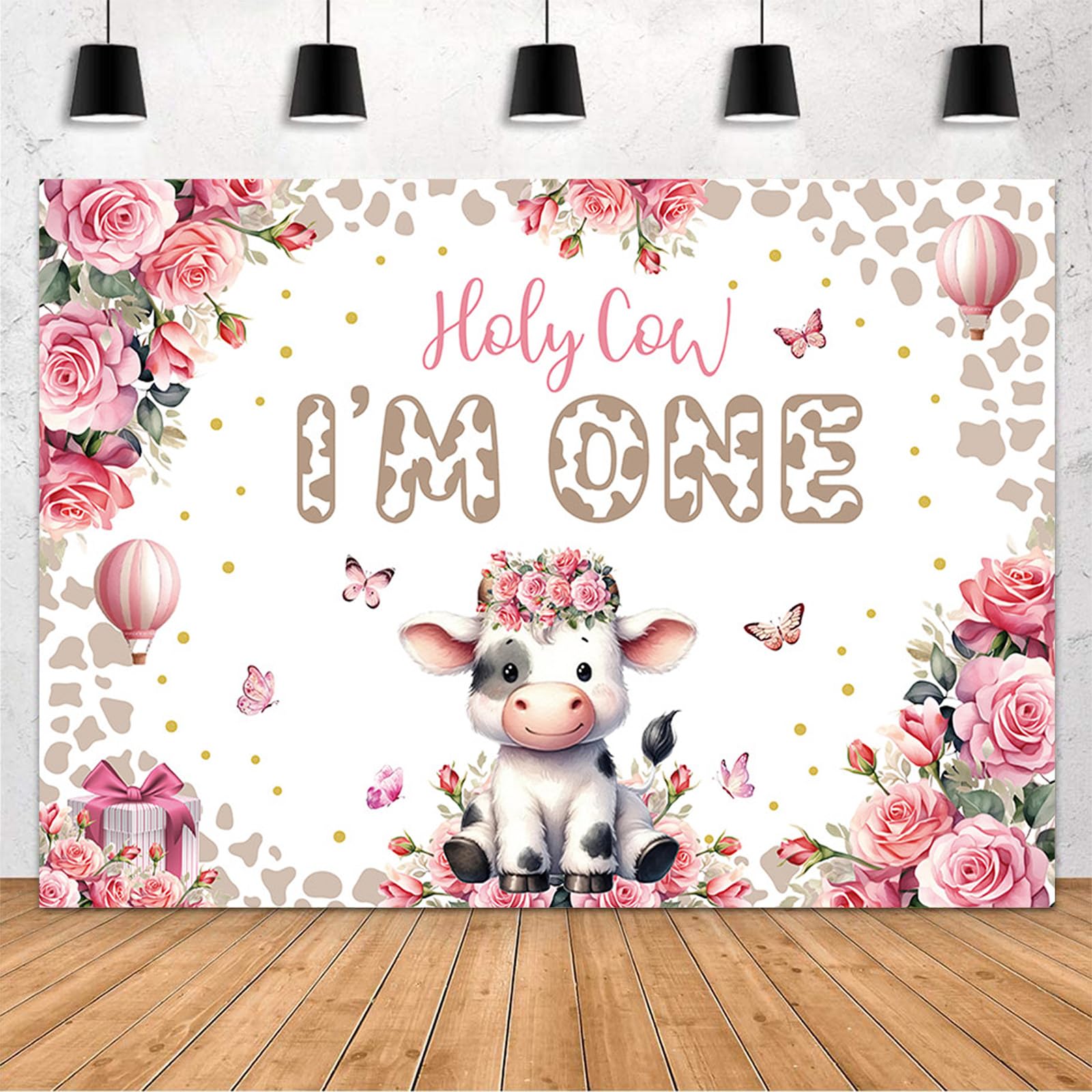 MEHOFOND 7x5ft Holy Cow I'm One 1st Birthday Backdrop for Girls Pink Flower Hot Air Balloon Milk Cows 1st Birthday Party Decor Cow Girls 1st Birthday Background Holy Cow First Birthday Party Supplies