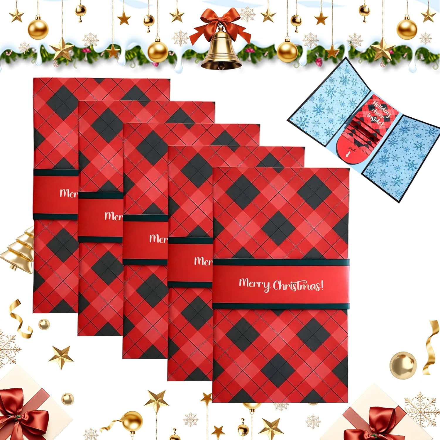 Handmade Waterfall Christmas Gift Card Booklet,Pull-out Design Merry Christmas Gift Card Book,Xmas DIY Surprise Money Card Sleeve Book Holder,Xmas Party Supplies Gifts for Family Friends (5Pcs)