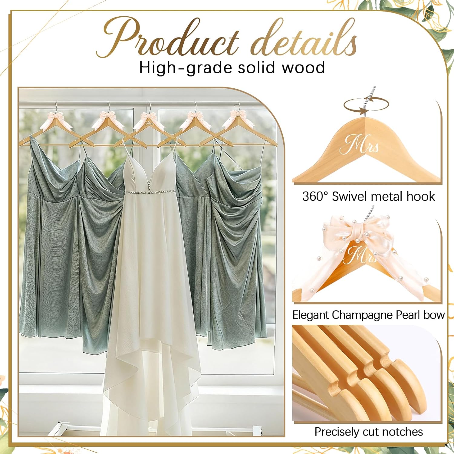 Geelin 8 Pcs Bride Dress Hanger and Bridesmaid Hangers for Wedding Ribbon Bow Pearl Elegant Wooden Mrs. Hangers for Bridal Keepsake Bridal Shower Wedding Day Gift