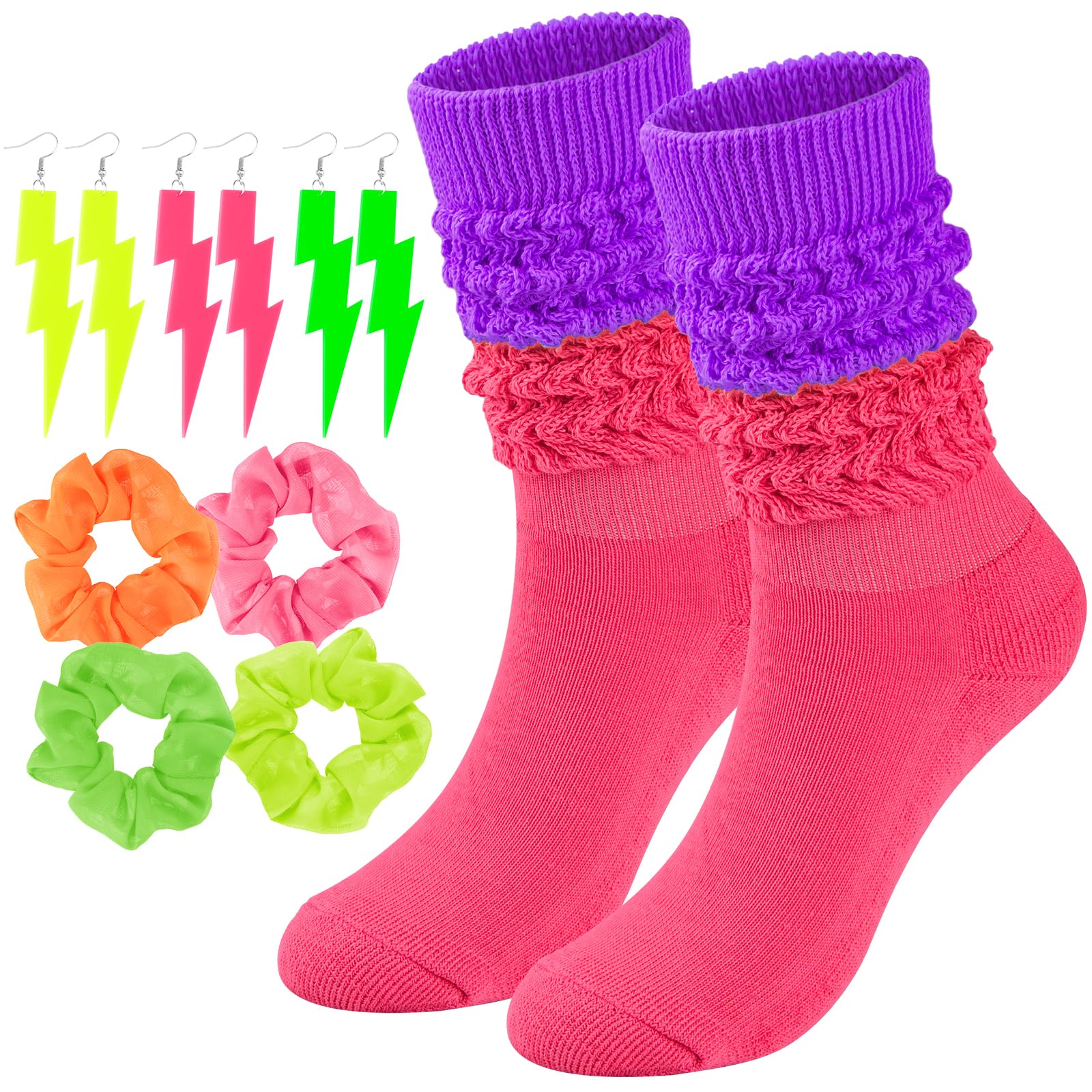 Neon Slouch Socks for Women, 80s 90s Scrunch Knee High Socks