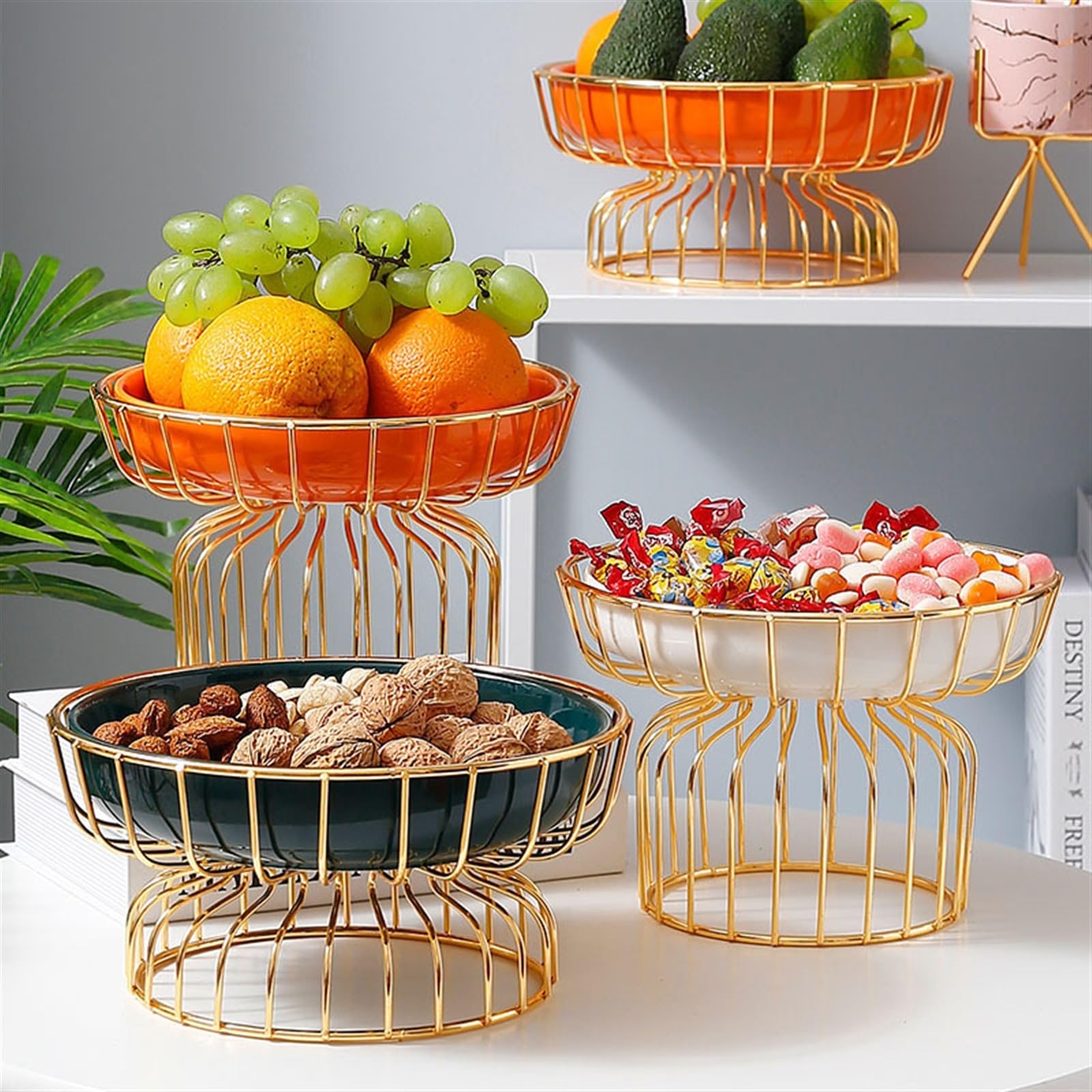 Cesti di frutta Cesto di frutta dorato, vassoio portaoggetti a due strati, ceramica da cucina, snack staccabile, biscotti, caramelle, scaffale for dessert(Grande)