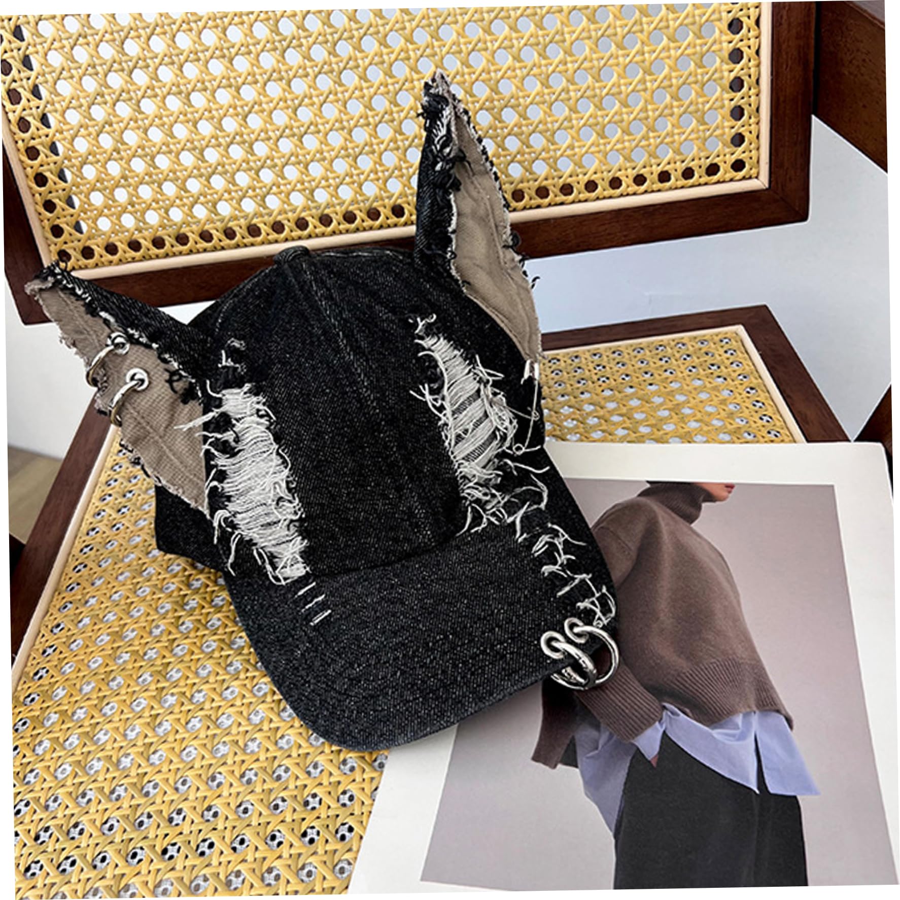 Chapeau à Oreilles De Chat Noir DéChiré Y2k Avec Cerceau En MéTal Casquette De Baseball EsthéTique Punk Grunge Protection Solaire Taille Unique Convient à La Plupart Des Casquettes De Baseball