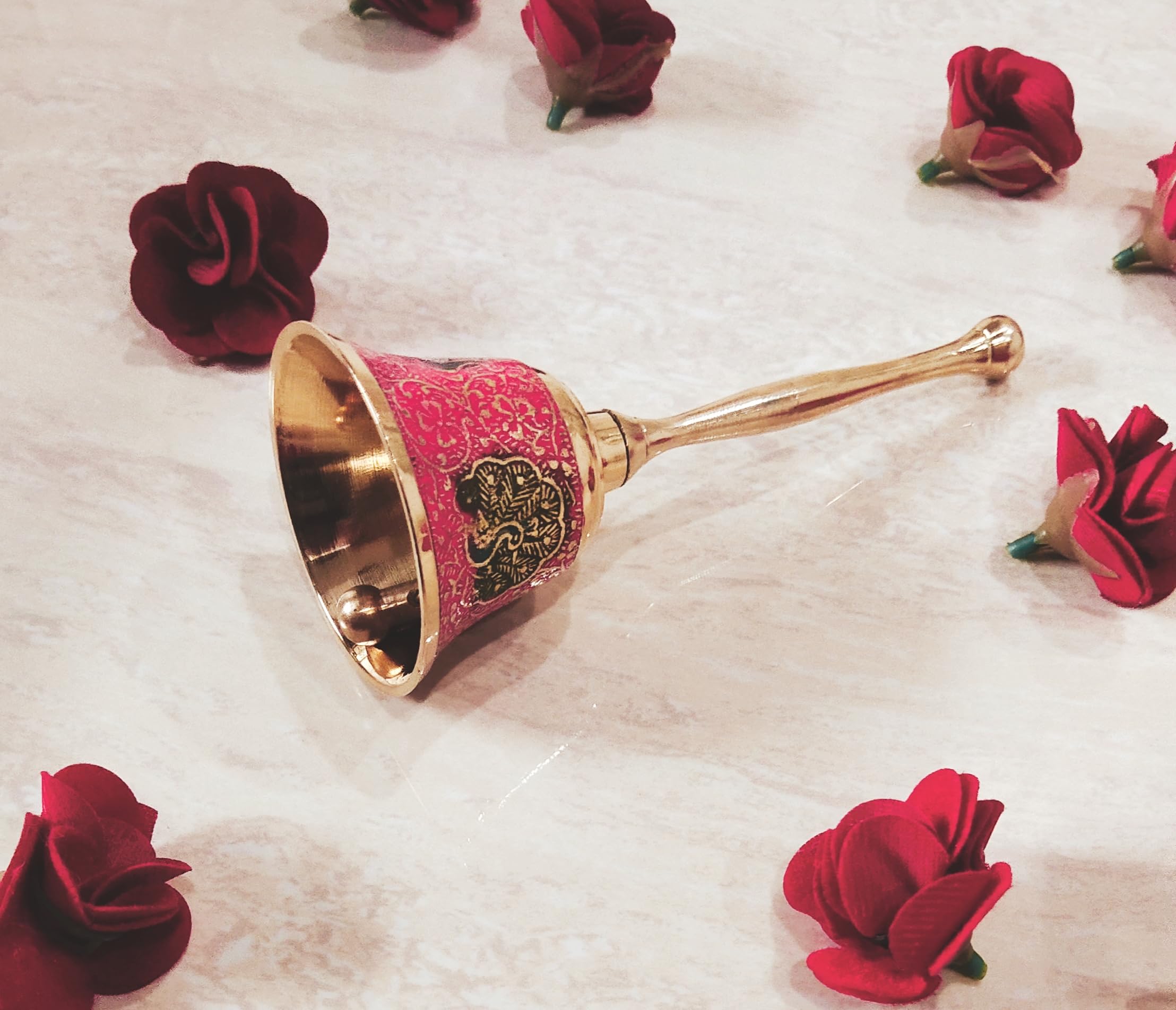 blissful decor Presents Pure Brass Peacock Design Pooja Prayer Bell Ghanti for Home and Temple Use for Festival Brass Bell Size- 6 inch (Religious Gift Item) - (Pack of 1) (Pink)