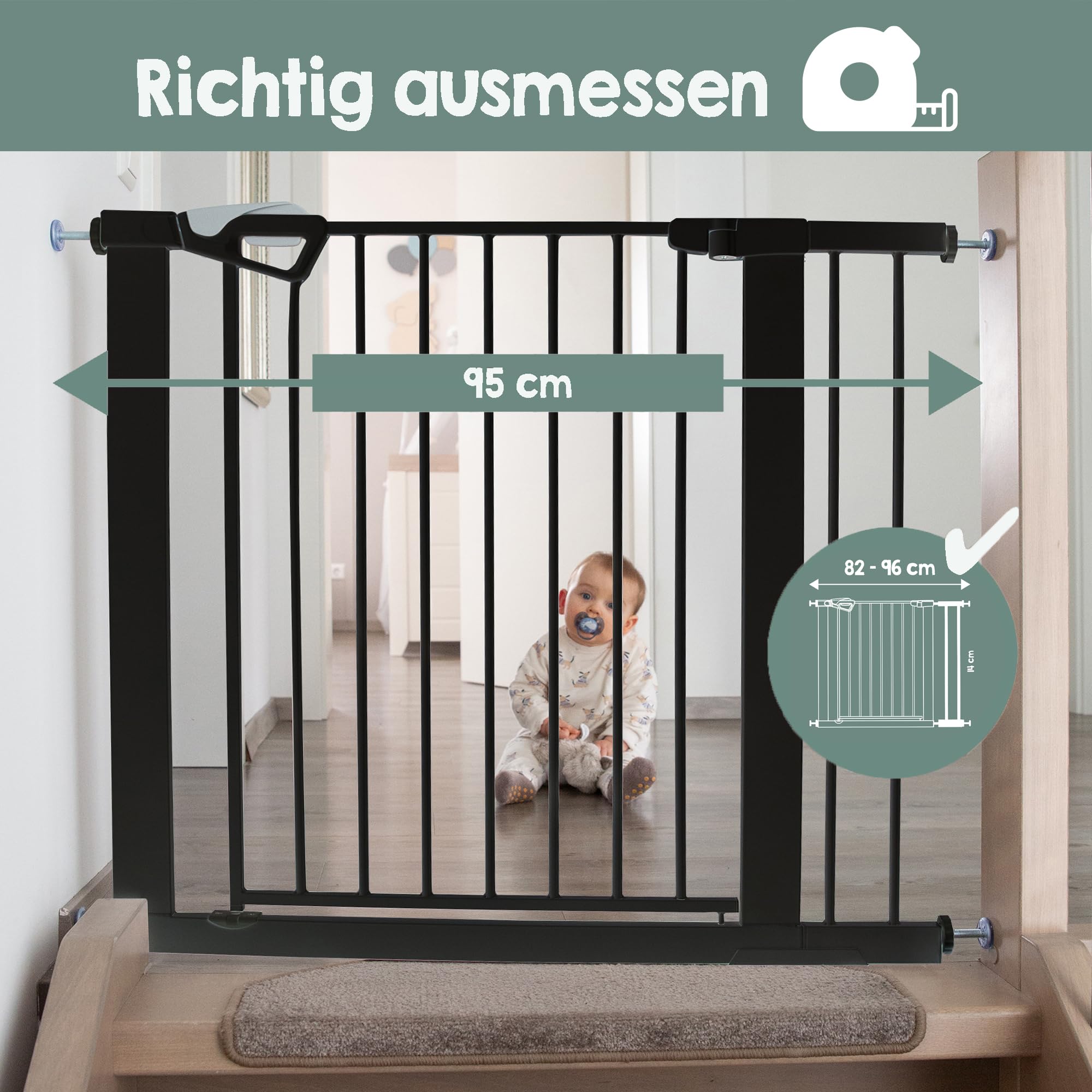 roba easySafe+ metalowa bramka ochronna na drzwi i schody 75–82 cm rozszerzalna do 110 cm TÜV blokada świetlna i 90° montaż bez wiercenia dla dzieci 0–24 mies. czarna