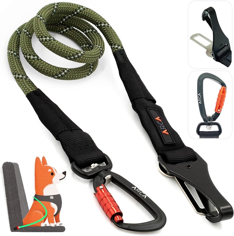 Cinto de Segurança para Cães ARCA PET com Corda Refletiva, Mosquetão de Alumínio e Giro 360° Ranger Green