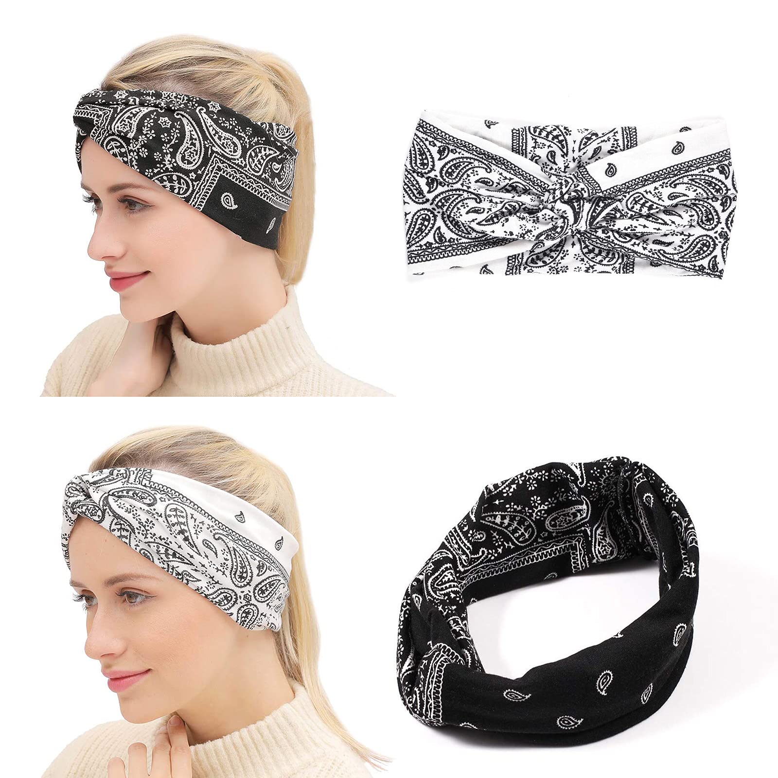 MarchQueen opaski na głowę w stylu retro z nadrukiem paisley dla kobiet, wiązane, boho, rozciągliwe opaski na głowę, joga, sport, opaski do włosów dla dziewcząt, 6 opakowań