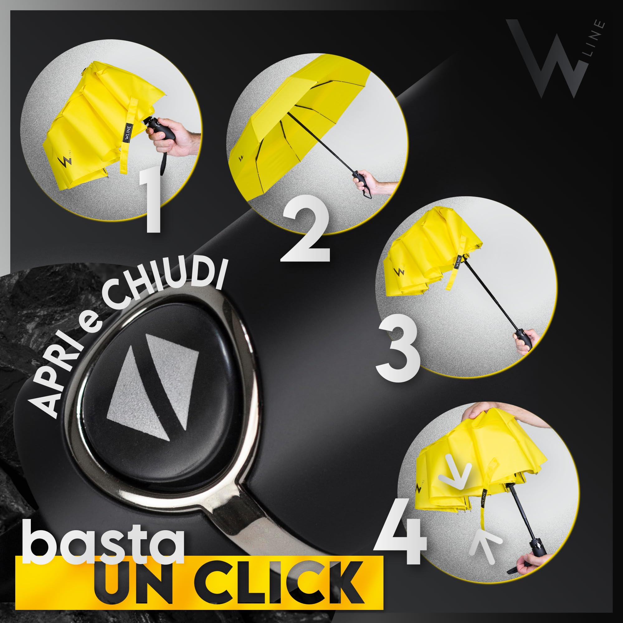 WLine Wind Ombrello Pieghevole Antivento da Pioggia con Apertura e Chiusura Automatica, Stoffa Teflon, Struttura Ultraresistente, Diametro 104cm (Giallo con Custodia)