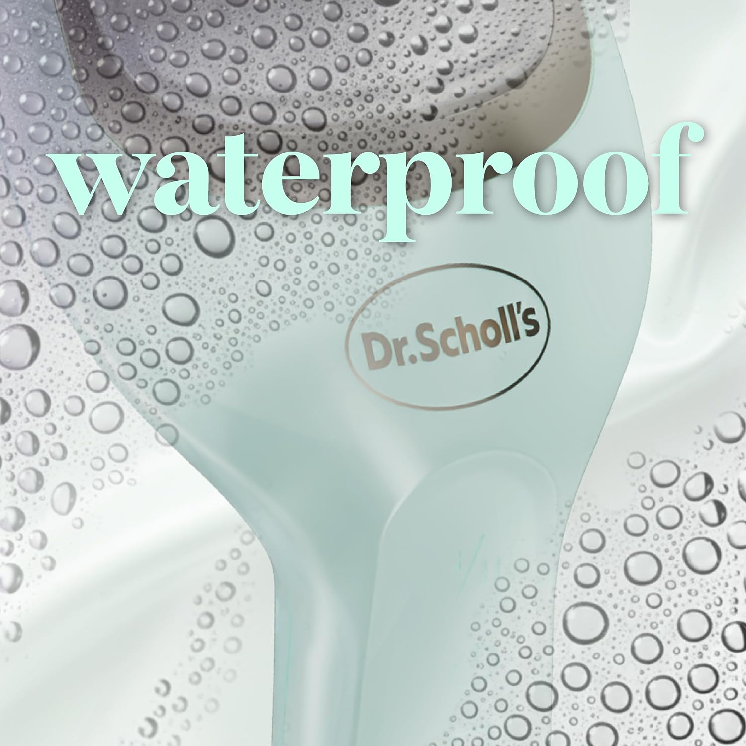 The Dr. Scholl's Pedi Perfect Pro with water droplets, emphasizing its waterproof feature.