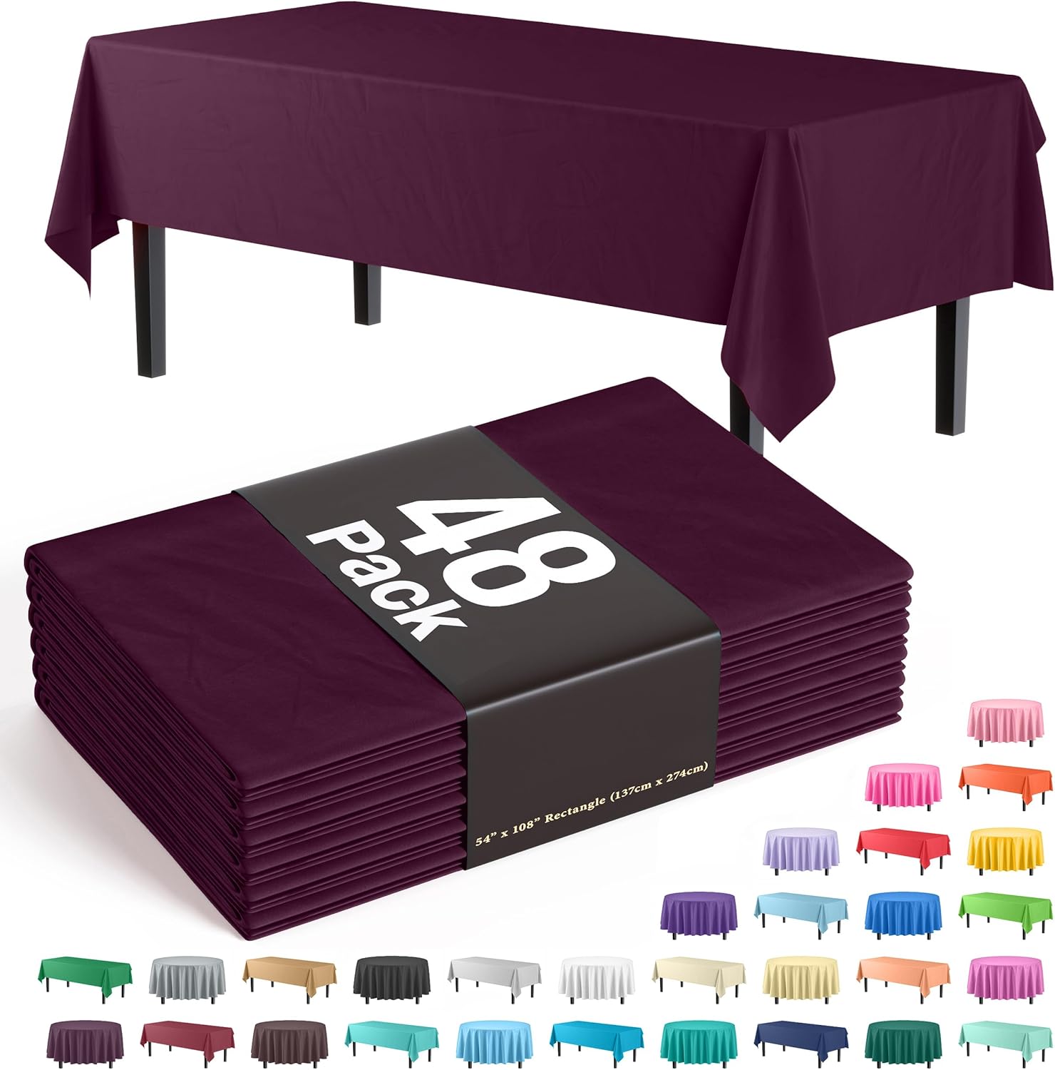 Party Solids Plum Tablecloths for Rectangle Tables 48 Pack Plastic Table Cloth Disposable 54" X 108" Plum Table Cloths Rectangle Tablecloth Plastic Tablecloths Rectangular for Party Supplies