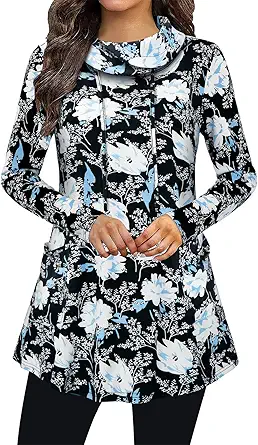 Bulotus Fall Sweaters for Women 2025 Cowl Neck Asymmetrical Long Tunics for Leggings Vacation Travel Tops with Pockets