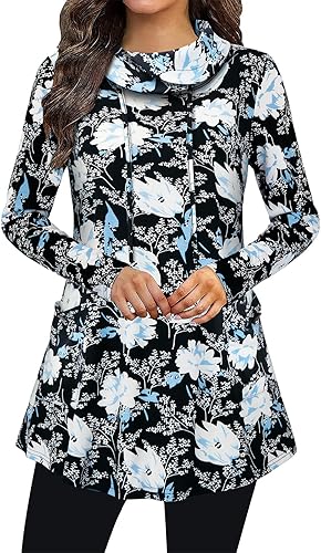 Bulotus Fall Sweaters for Women 2025 Cowl Neck Asymmetrical Long Tunics for Leggings Vacation Travel Tops with Pockets