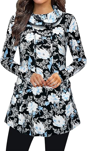 Bulotus Fall Sweaters for Women 2025 Cowl Neck Asymmetrical Long Tunics for Leggings Vacation Travel Tops with Pockets