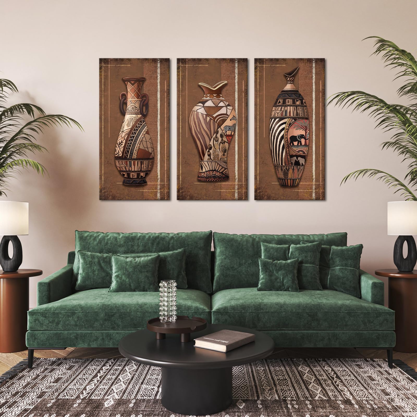 Zlove Afrikanische Leinwand-Bilder – 3-teiliges Set Tribal Vasen Mit Zebra & Elefant, 40,6x81,3 Cm, Grau
