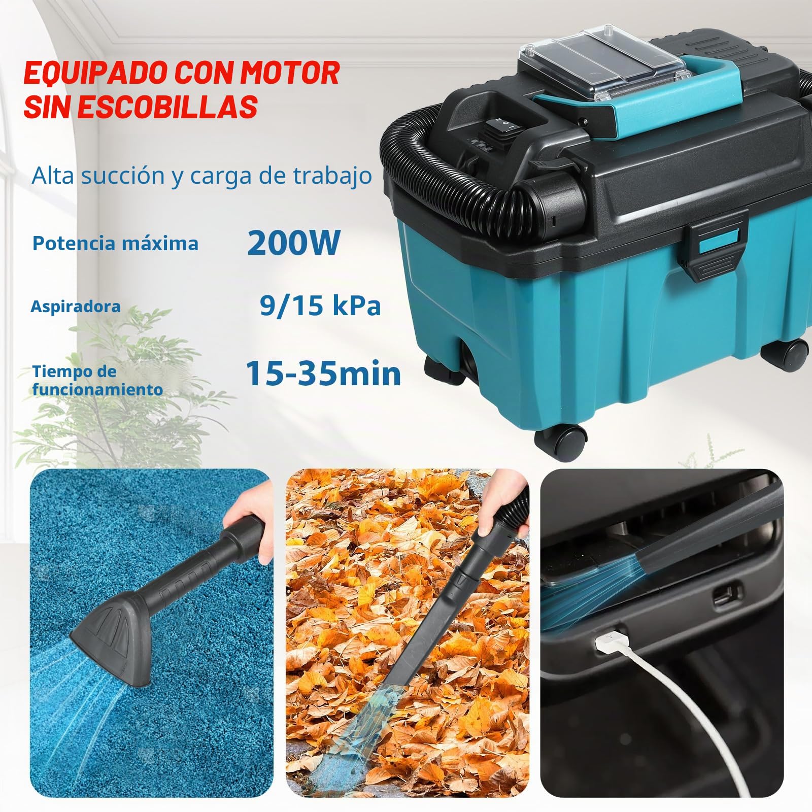Aspiradora inalámbrica para batería Makita de 18 V, 15 Kpa con filtro HEPA, depósito de 10 litros, manguera de 2 m, boquilla para juntas/cepillos, sin escobillas, para casa coche y taller (no batería)