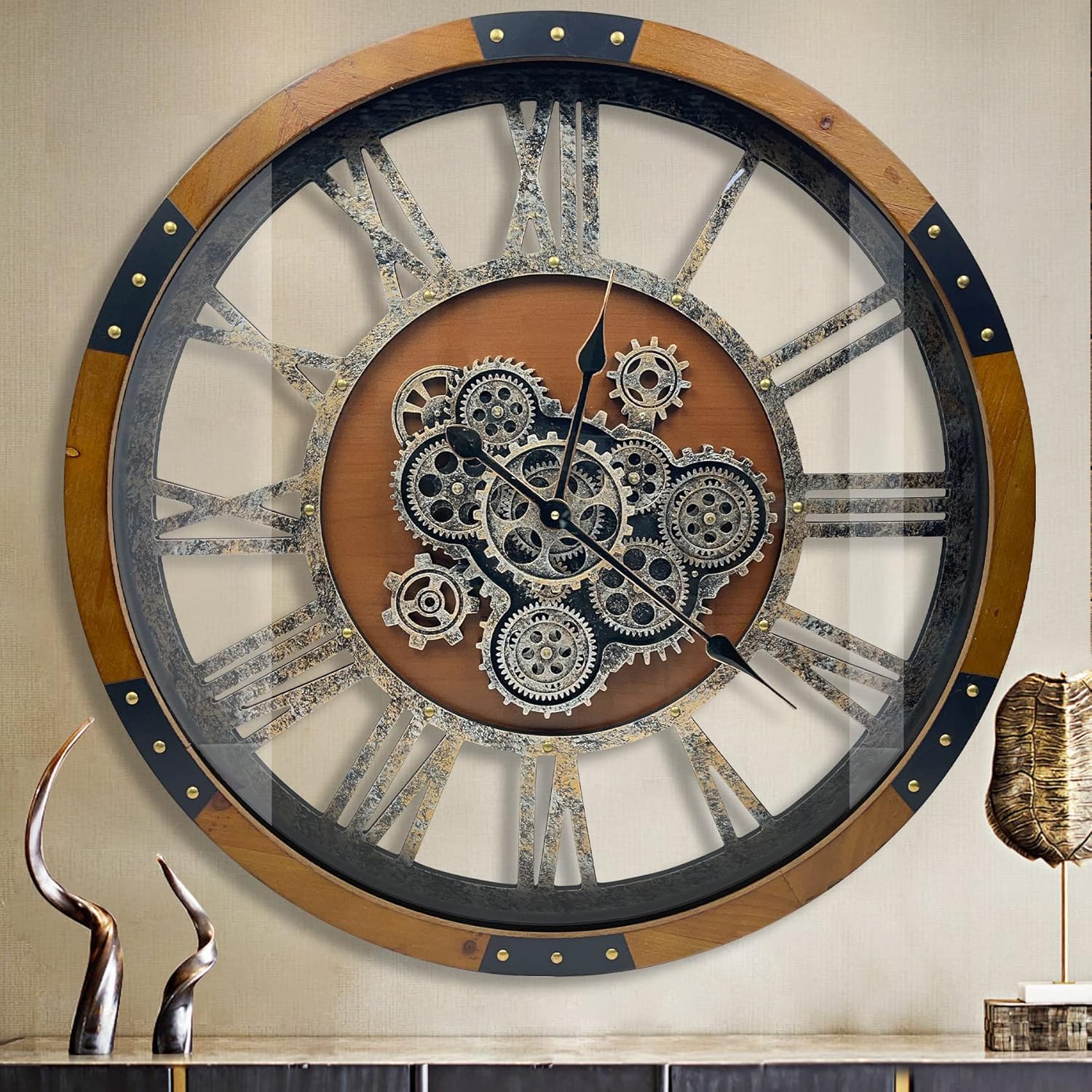 DORBOKER 24" Original Moving Gears Wall Clock, Large Industrial Wall Clock for