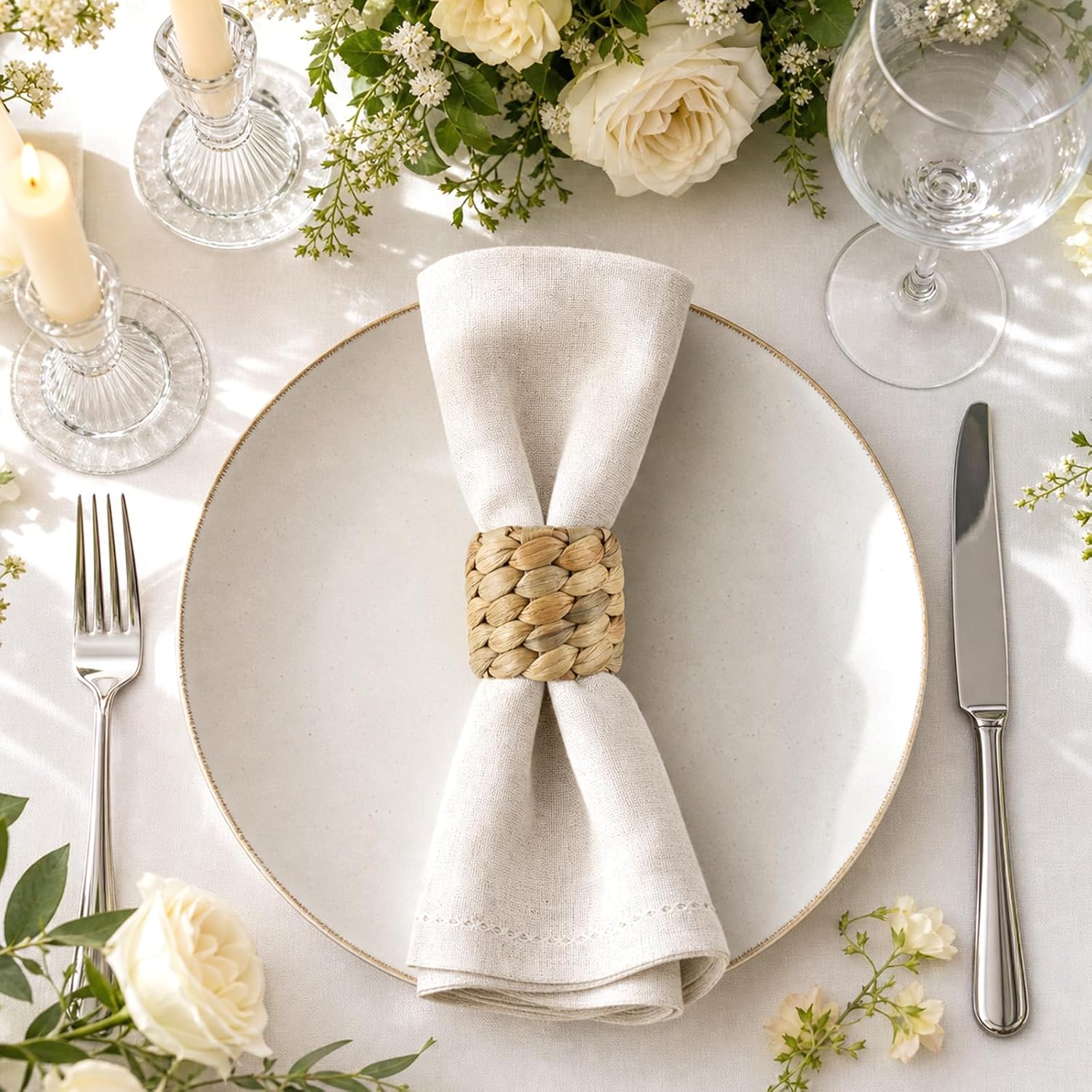 12Pcs Napkin Rings Set Handmade Woven, Water Hyacinth Rattan Napkin Rings Napkin Rings Set of 12 Rustic Table Decor, Farmhouse Napkin Holder for Wedding Party Thanksgiving