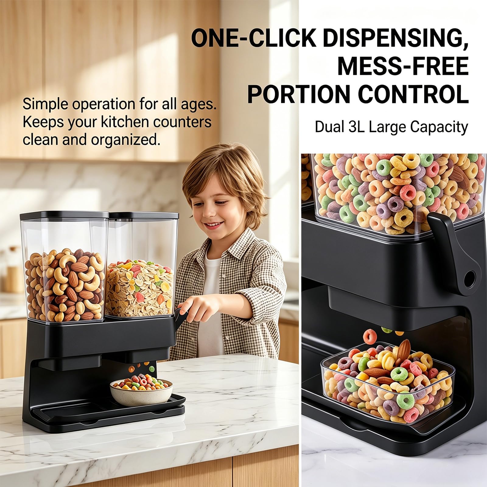 Müslispender 2er Set 3l Luftdichter Cornflakes Spender Behälter Große Kapazität Automatic Rice Storage Geeignet Klare Frischhaltedosen mit Deckel für Müsli Snacks Cereal Dispenser (Schwarz)