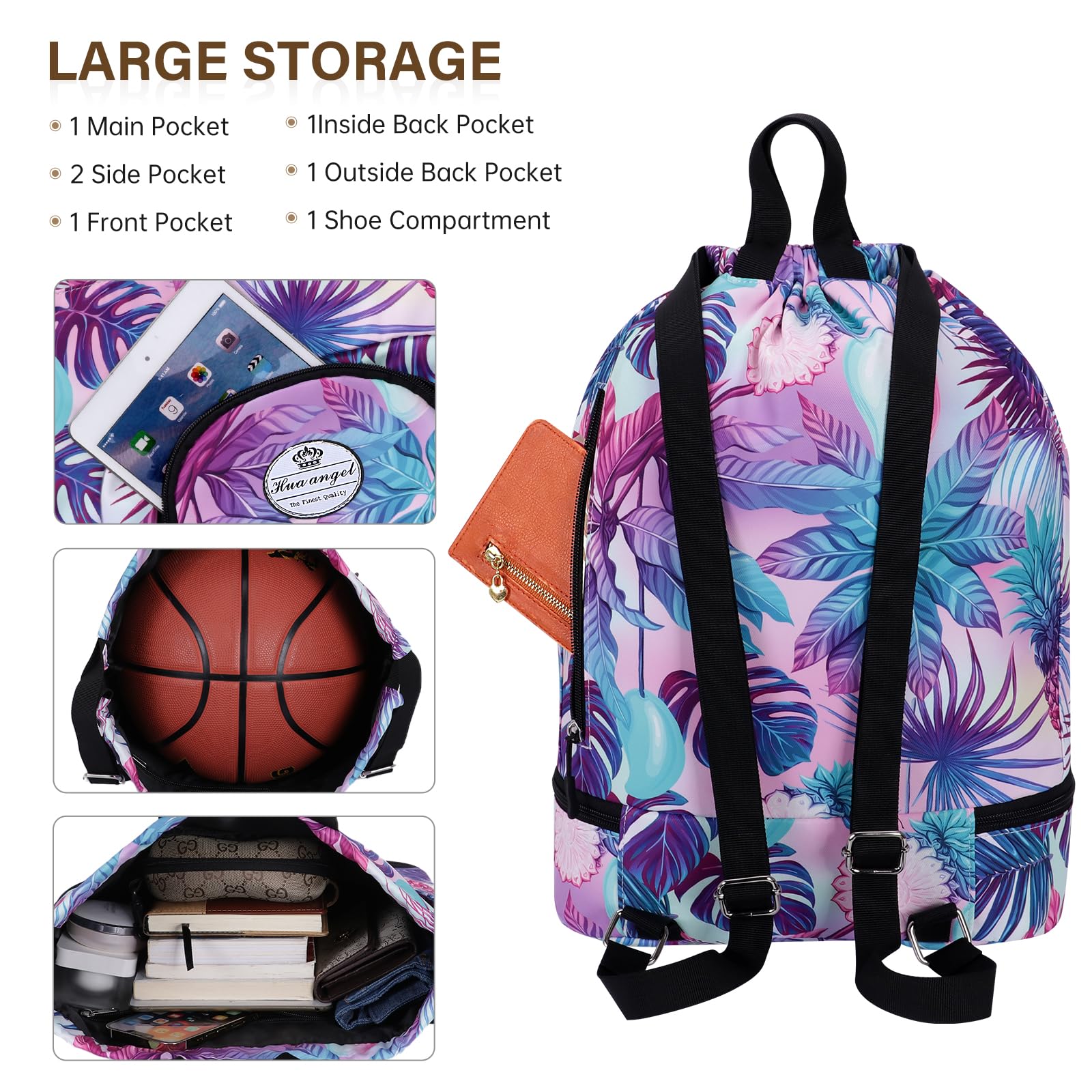 HUA ANGEL Mochila De Deportiva con CordóN Ligera Gymsack Bolso De Cuerdas con Muchos Bolsillos Mochila Mujer Hombre De Viaje para Playa Piscina Baloncesto Futbol Balonmano