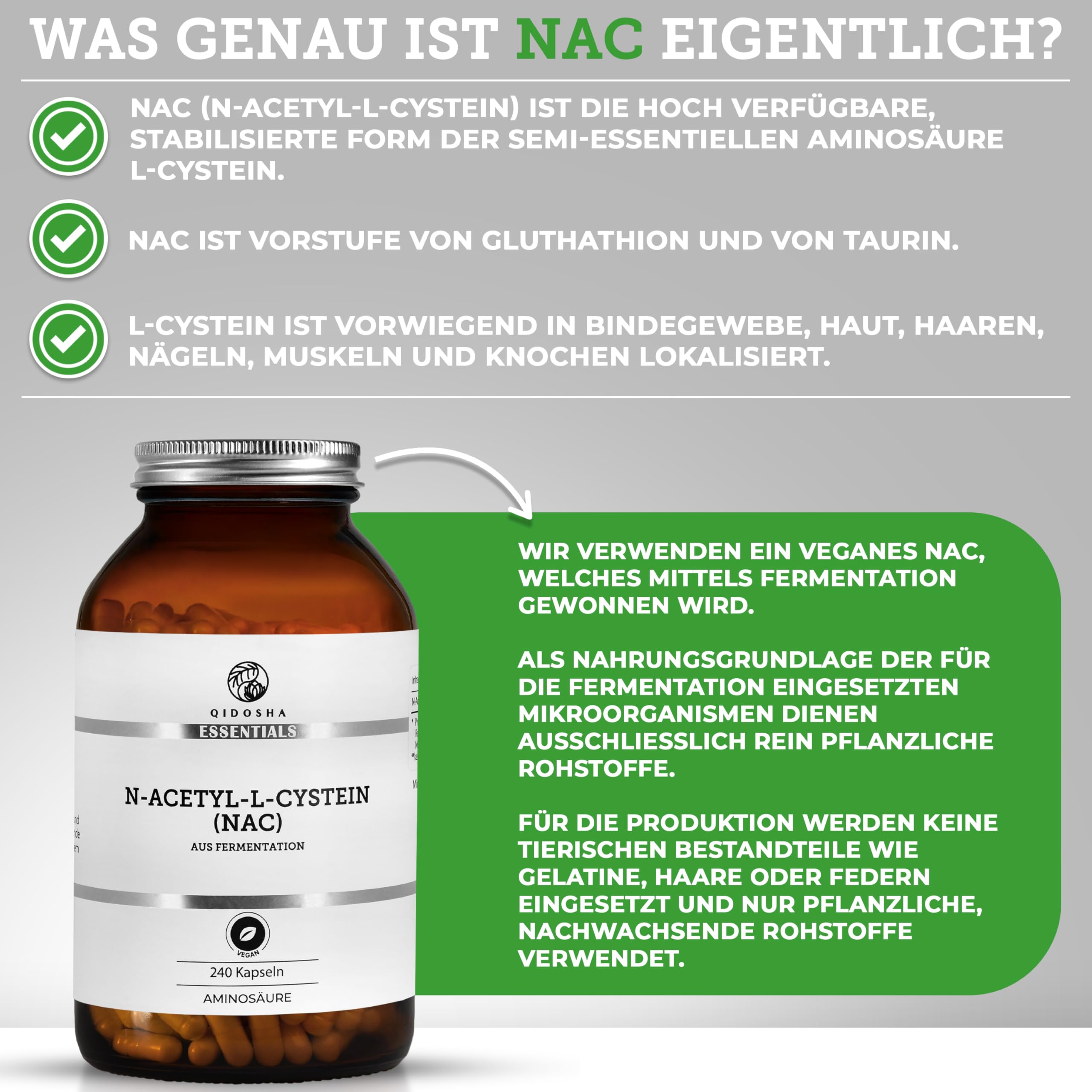 QIDOSHA® NAC 800 Kapseln hochdosiert, 240 Kapseln im Apothekerglas, 800mg N-Acetyl-L-Cystein je Kapsel, vegan, laborgeprueft, deutsche Fertigung