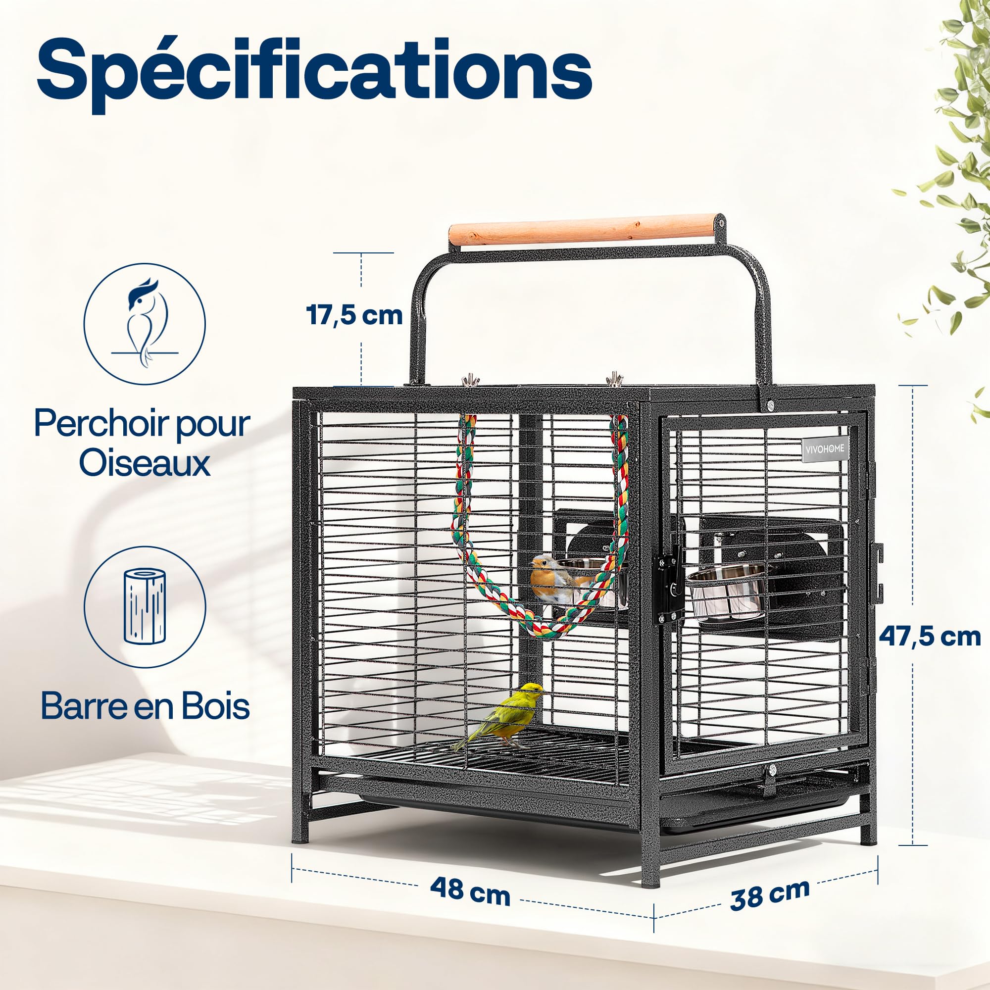 VIVOHOME Cage de Transport en Fer Forgé 48cm pour Oiseaux avec 2 Mangeoires, Perchoir en Bois et Plateau Coulissant, Portable pour Perroquets Conures Inséparables Calopsittes et Perruches, Noir