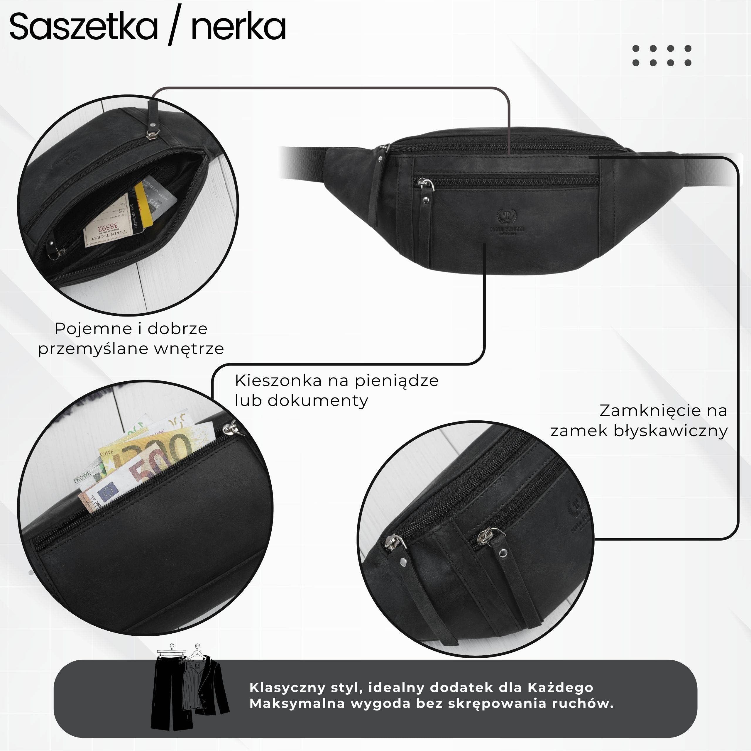 Saszetka męska skórzana na pas czarna nerka vintage pojemna AY-29-HBL
