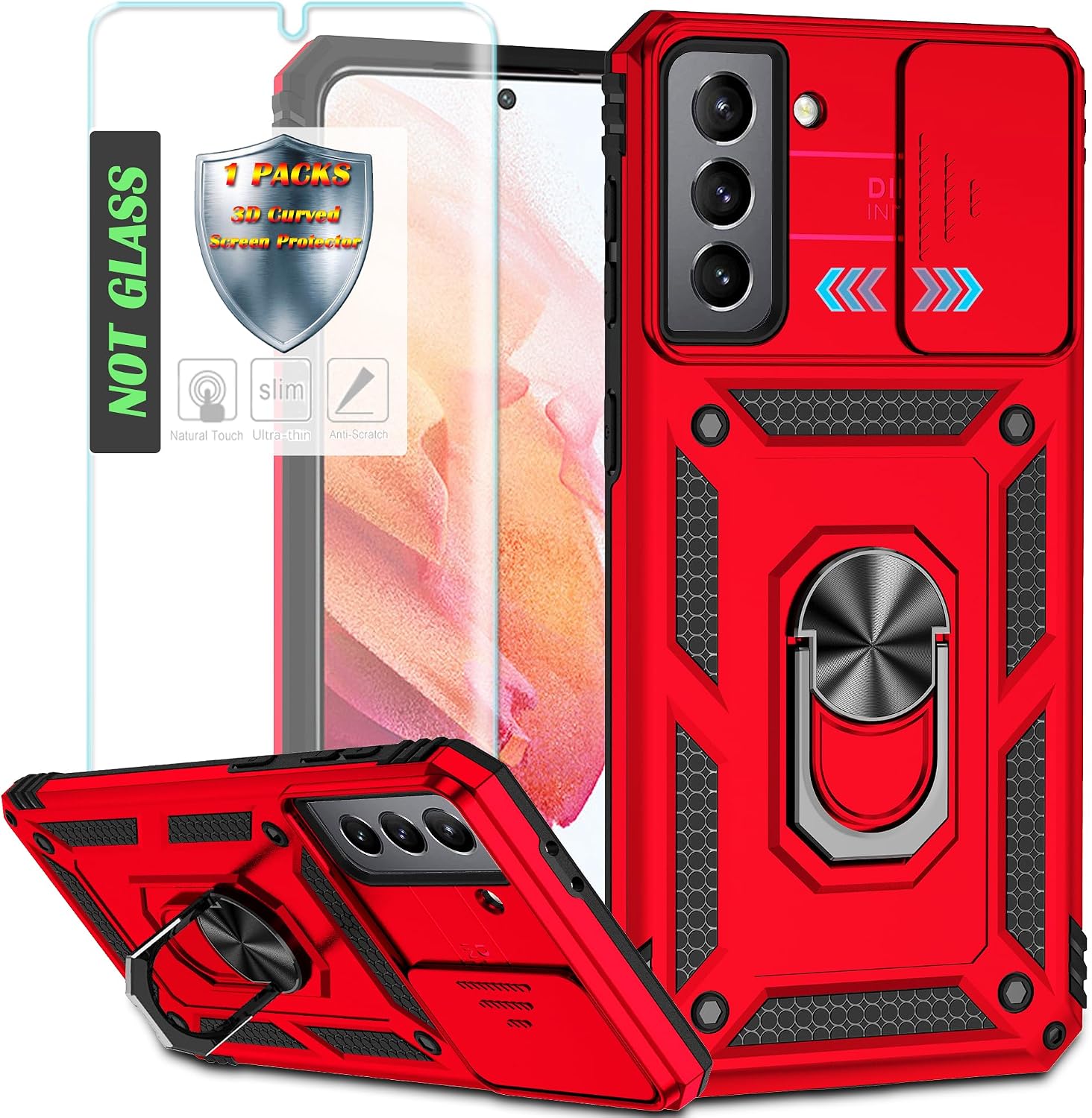 YmhxcY Mobile Phone Case for Samsung Galaxy S21 [with 1 Piece Protective Film] 360  Rotating Metal Stand Shockproof Protective Hard Shell Sliding Camera Cover Samsung Galaxy S21 Case Red