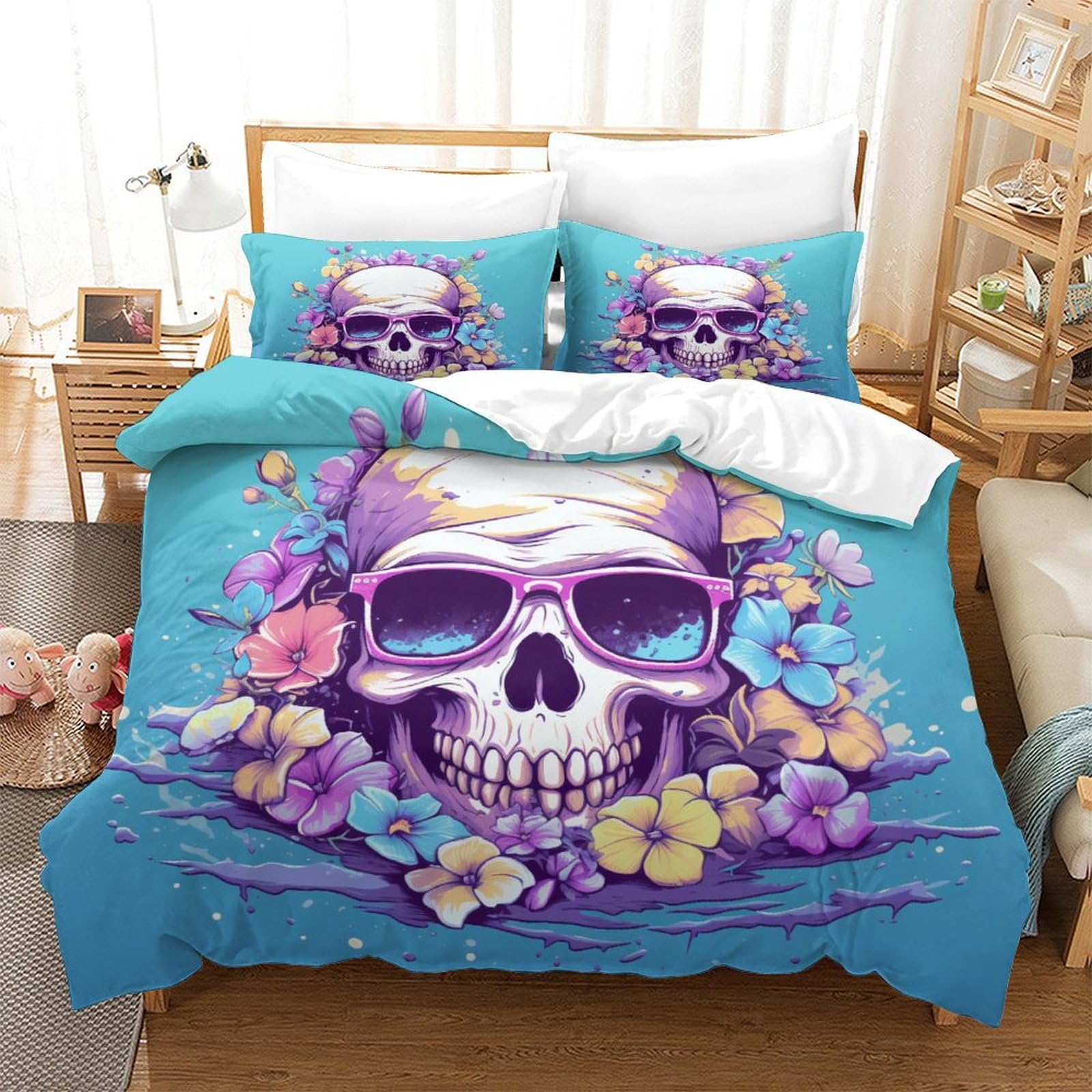 Housse de couette 260x220 crânes colorés en microfibre avec 2 taies d'oreiller