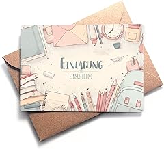 beriluDesign Einschulung Einladungskarten mit Umschlägen (12er Set) zum Schulanfang | Einladungen für Kinder zum Schulbeginn (12 Karten + 12 Umschläge)