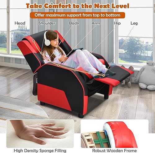 Miniatura 5 de COSTWAY Sofá reclinable para niños, sillón reclinable de cuero para niños pequeños con reposapiés y reposacabezas ajustables, silla reclinable de