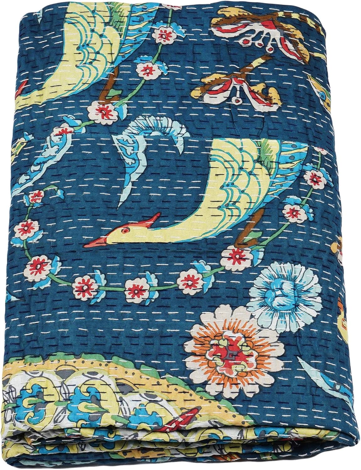 Marubhumi Indian Handmade Traditional Unique Print Kantha Quilt Throw Blanket Bespread Hand Stitched with Love (Gray, Queen (90"x 108"))