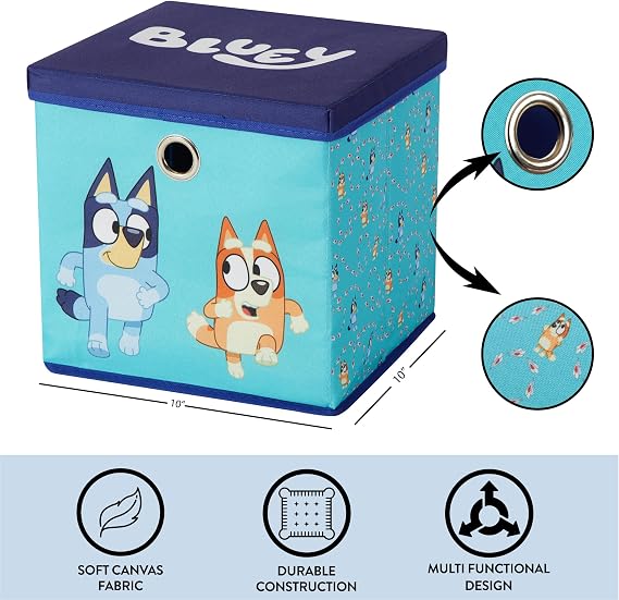Idea Nuova Bluey Collapsible Fabric Storage Cube,10 Organizer Bin with Lid for Bedroom, Playroom, and Closet