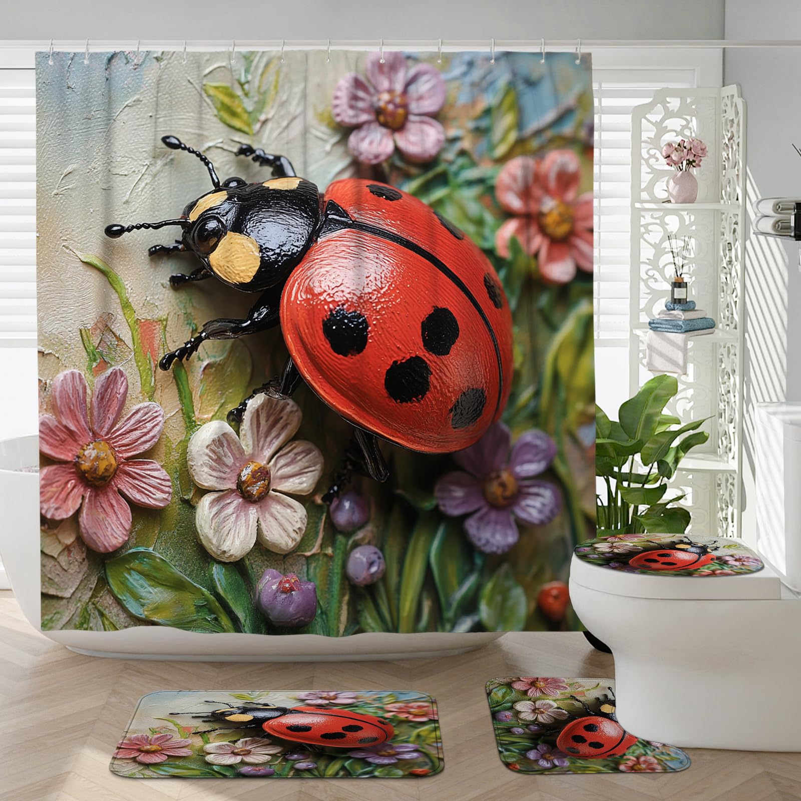 4PCS Vintage Relief Ladybug Bathroom Accessory Sets with Non-Slip Rug, U Shape and Toilet Lid Cover Mat, 3D Flowers Insect Bathroom Fabric Decor-72''x72''