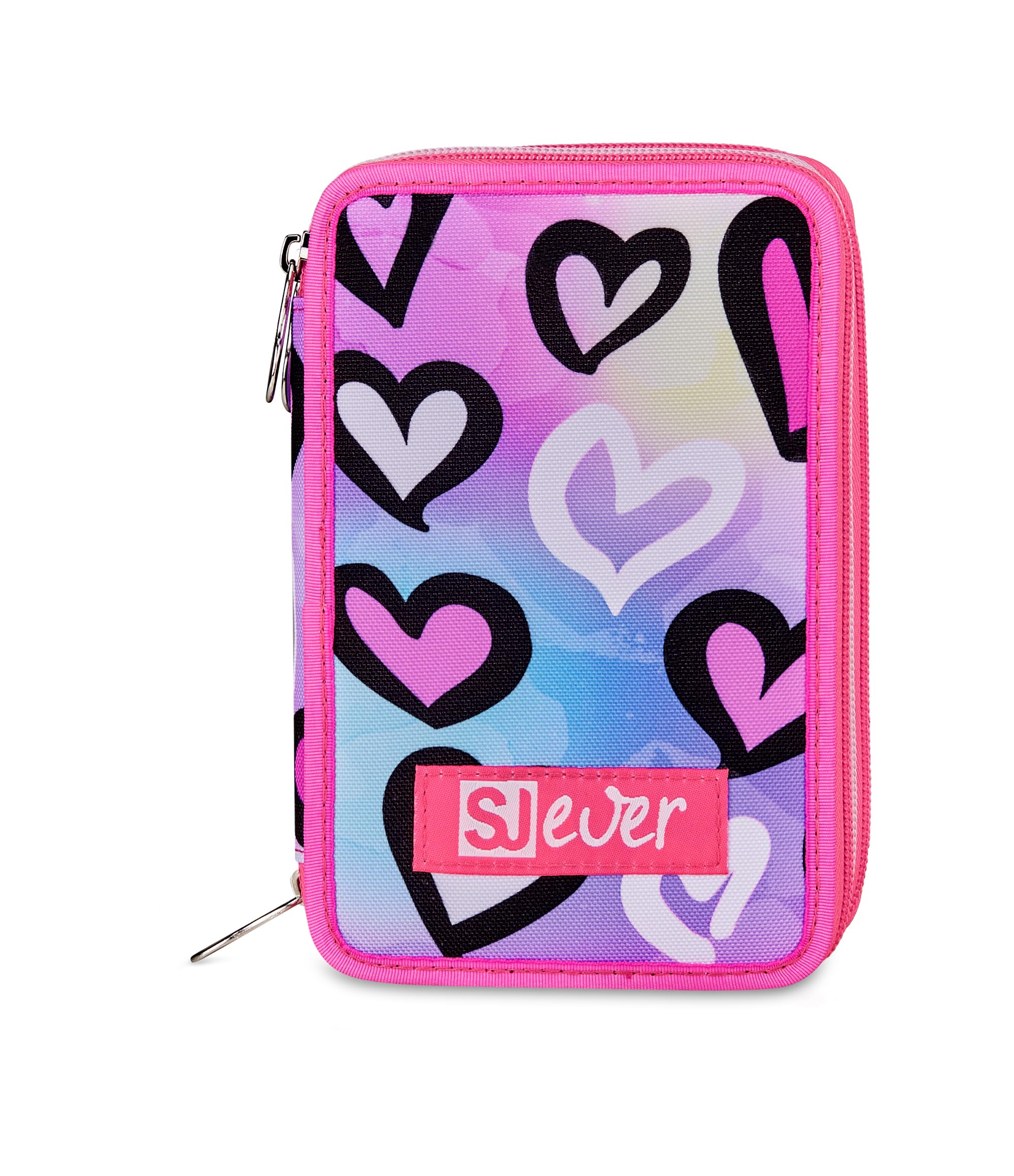 SJ GANG STYLE JAM GANG Astuccio Scuola 3 Zip, Rosa, Portapenne Triplo Scomparto Completo Di Penne, Matite, Colori, Accessori Zaino, Scuole Elementari, Bambina