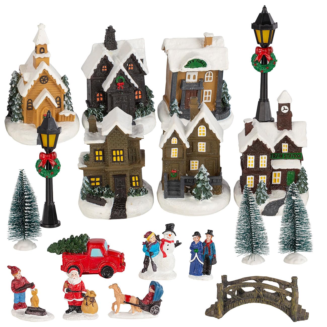 infactory Weihnachtsdeko: 25-teiliges Deko-Weihnachtsdorf mit 6 LEDs, Batteriebetrieb (Winterdorf, komplettes Weihnachtsdorf, Set)