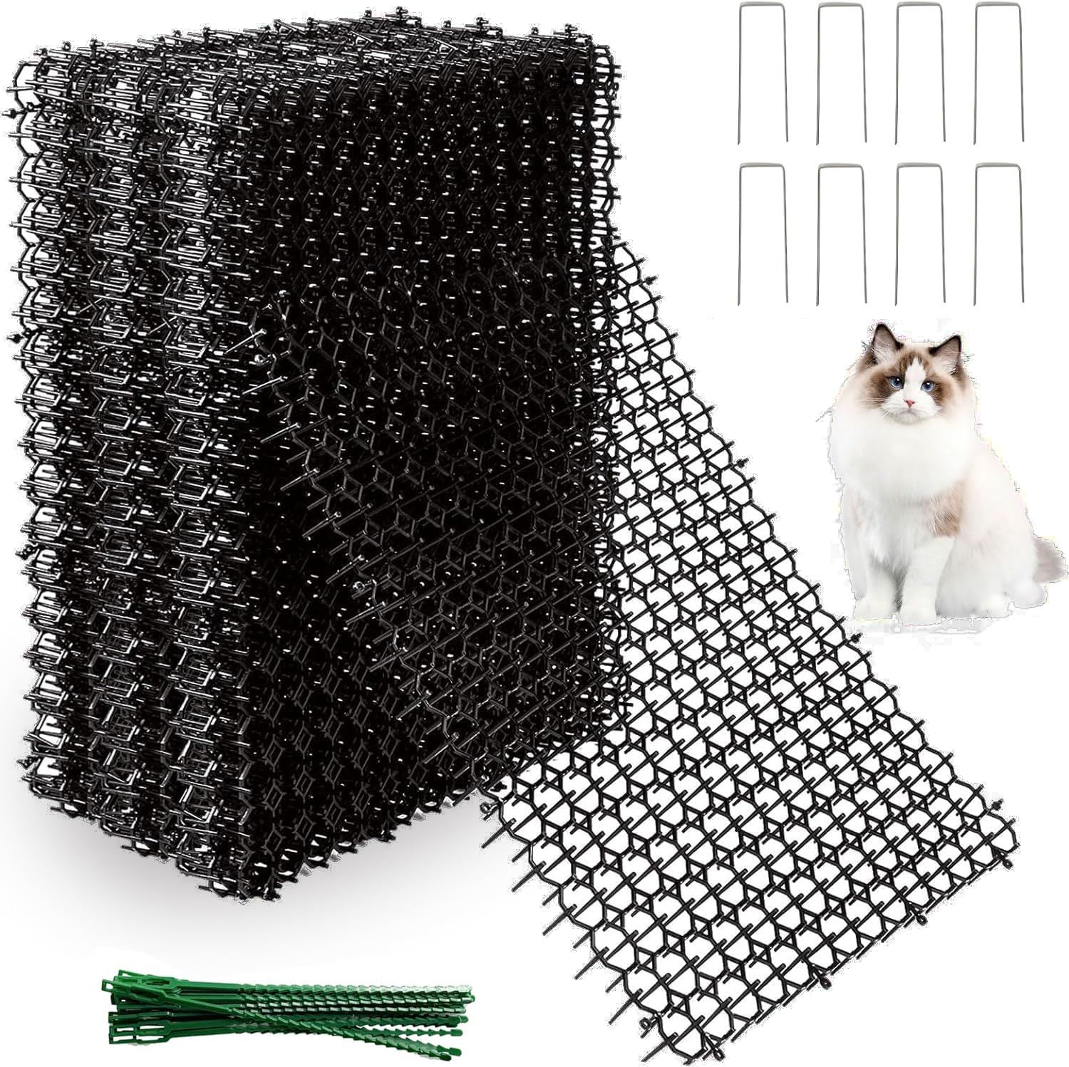 Bhina Set of 15 Cat Protection Grids, 43 x 22 cm, Black Cat Repellent Mat, Cat Repellent with 8 U Pins and 20 Clamps for Outdoor, Garden, Balcony (Medium)