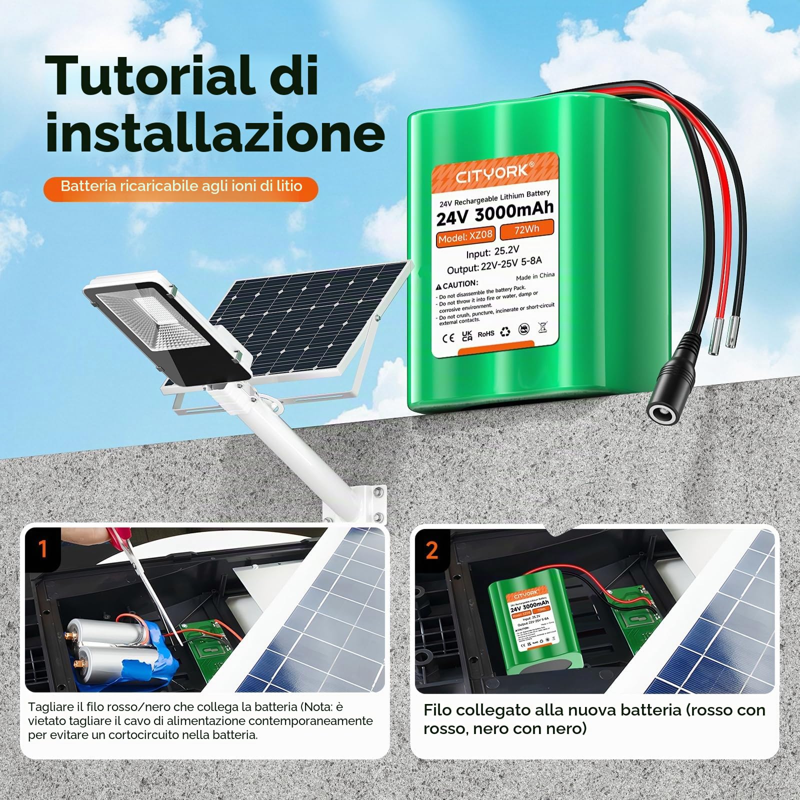 CITYORK Batteria ricaricabile agli ioni di litio da 24 V, 3000 mAh, per progetti fai da te, barca, telecamera CCTV, rilevatore di pesci, striscia luminosa a LED e molto altro ancora