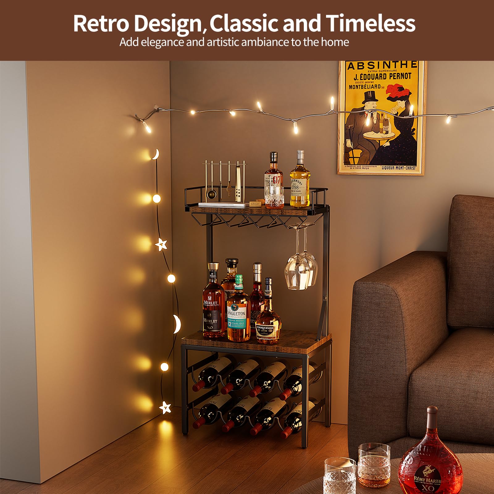 Nuovoware 3-poziomowa szafka na alkohol z uchwytem na butelkę, mini bar uniwersalny wolnostojący stojak na wino z blatem i 8 uchwytami na kubki, retro brązowy+czarny