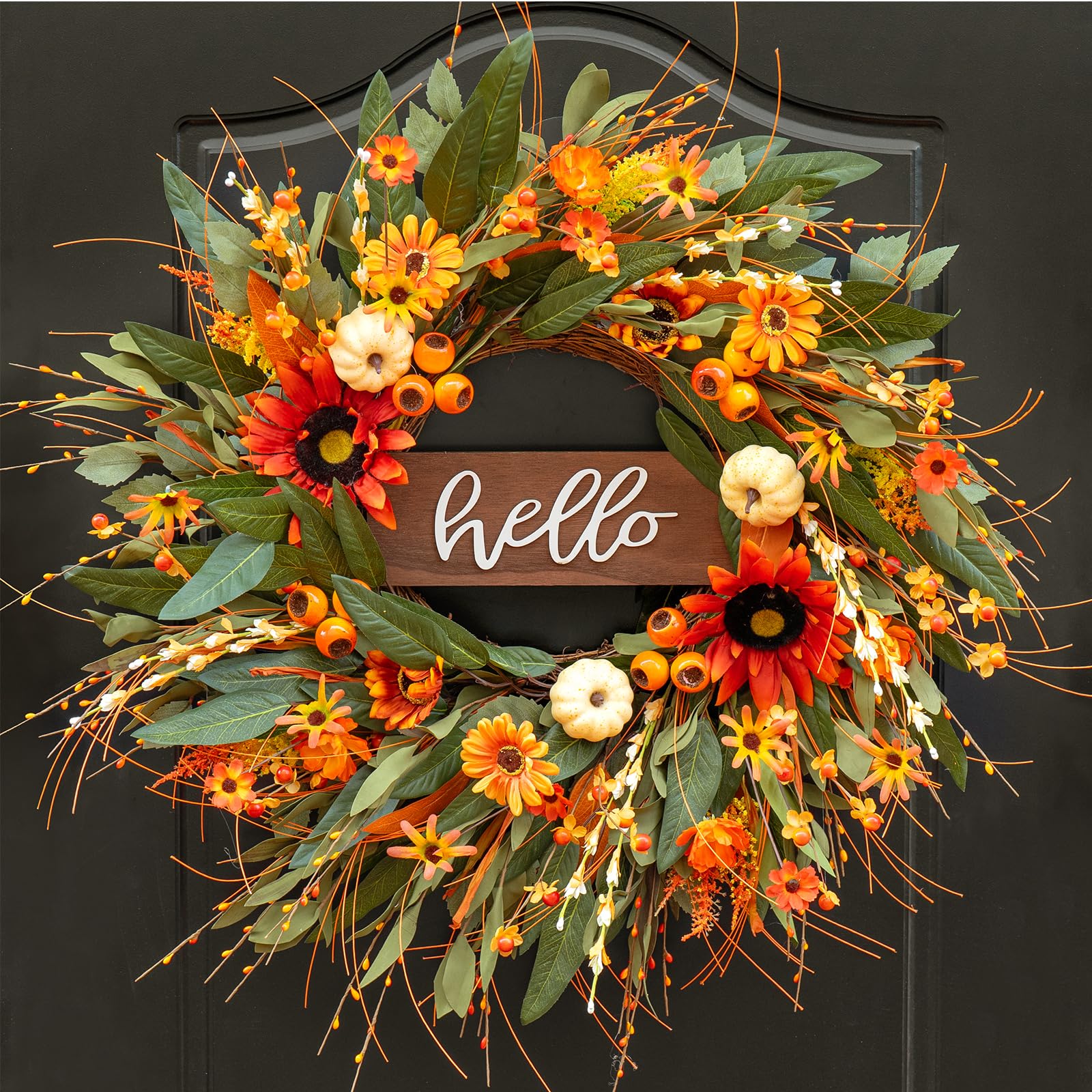 24 inch fall wreaths for front door outside- pinkpuii artificial autumn wreath with sunflowerspumpkins amp hello sign lifelike silk thanksgiving harvest wreath- indoor outdoor farmhouse home decor