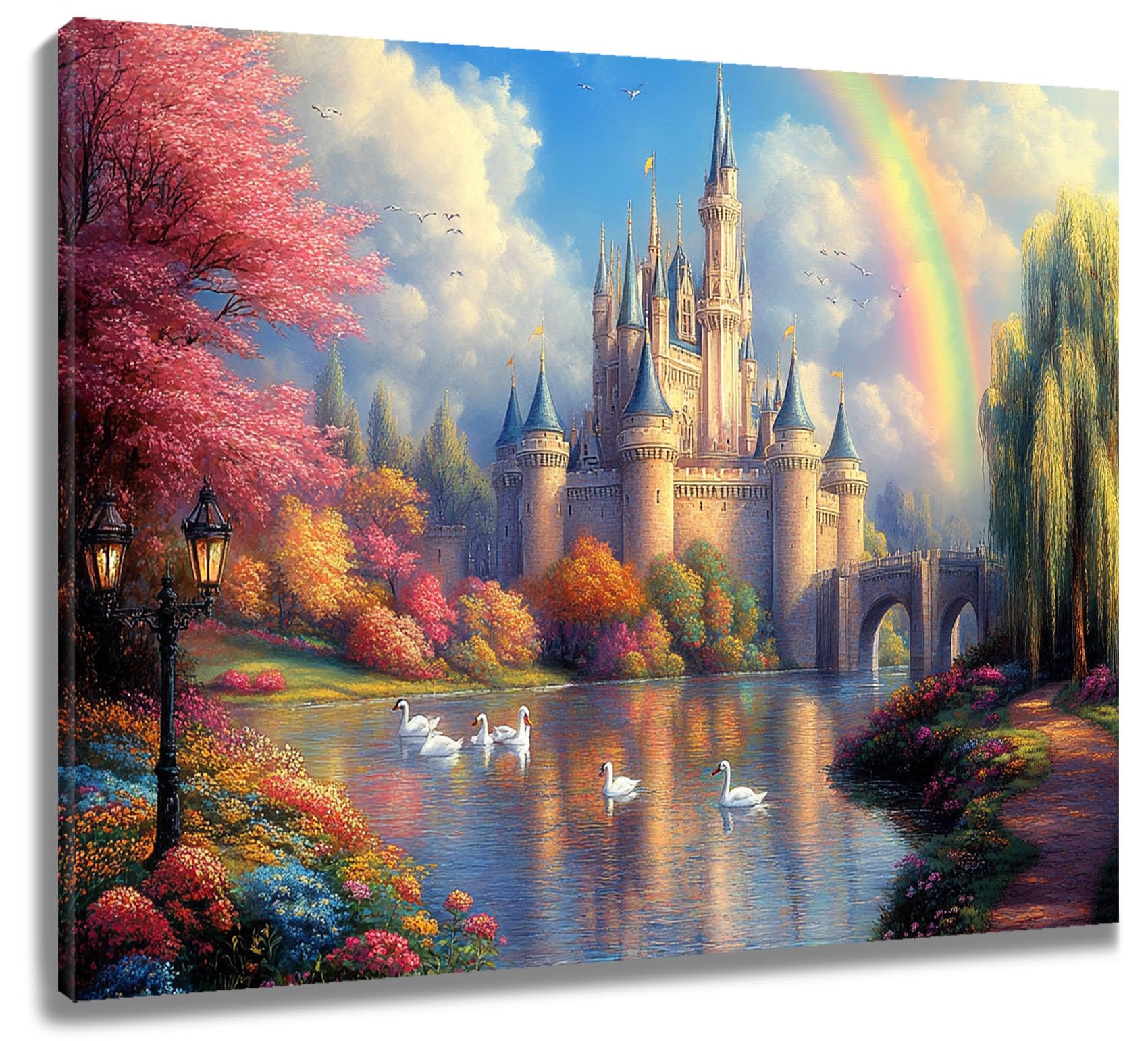 LB Castle Wall Art Pink Flower Tree by River Canvas Wall Art for Living Room Rianbow in Blue Sky Poster Paint Wall Art Decor for Bathroom Kitchen Bedroom,16Wx12H inch Wooden Framed โ image 1