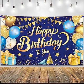 KatchOn, Happy Birthday Banner Blue and Gold - XtraLarge, 72x44 Inch | Happy Birthday Backdrop for Women | Happy Birthday Banner Backdrop, Happy Birthday Decorations | Blue and Gold Birthday Banner