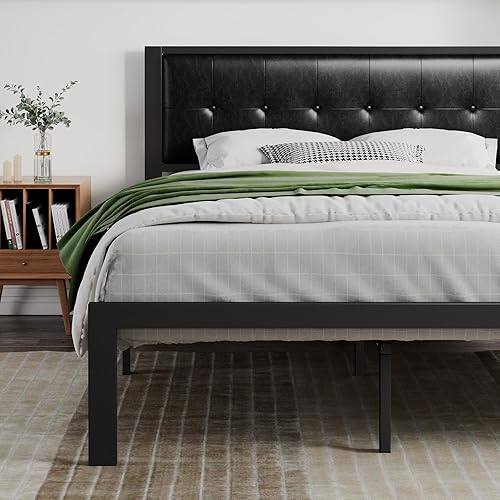 Miniatura 23 de Sha Cerlin - Marco de cama tapizado con botones y plataforma de punto, cuadrado, con cabecero, sin necesidad de somier, color gris oscuro Gris