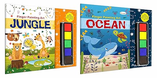 JUNGLE and OCEAN - Fingerpainting and Colouring Art : Art Activity Book for Children, Fun Colouring and Painting Art book for Ages 4-9 with Thumbprint Art and Craft book for Toddlers | Pack of 2 Art and Craft Books